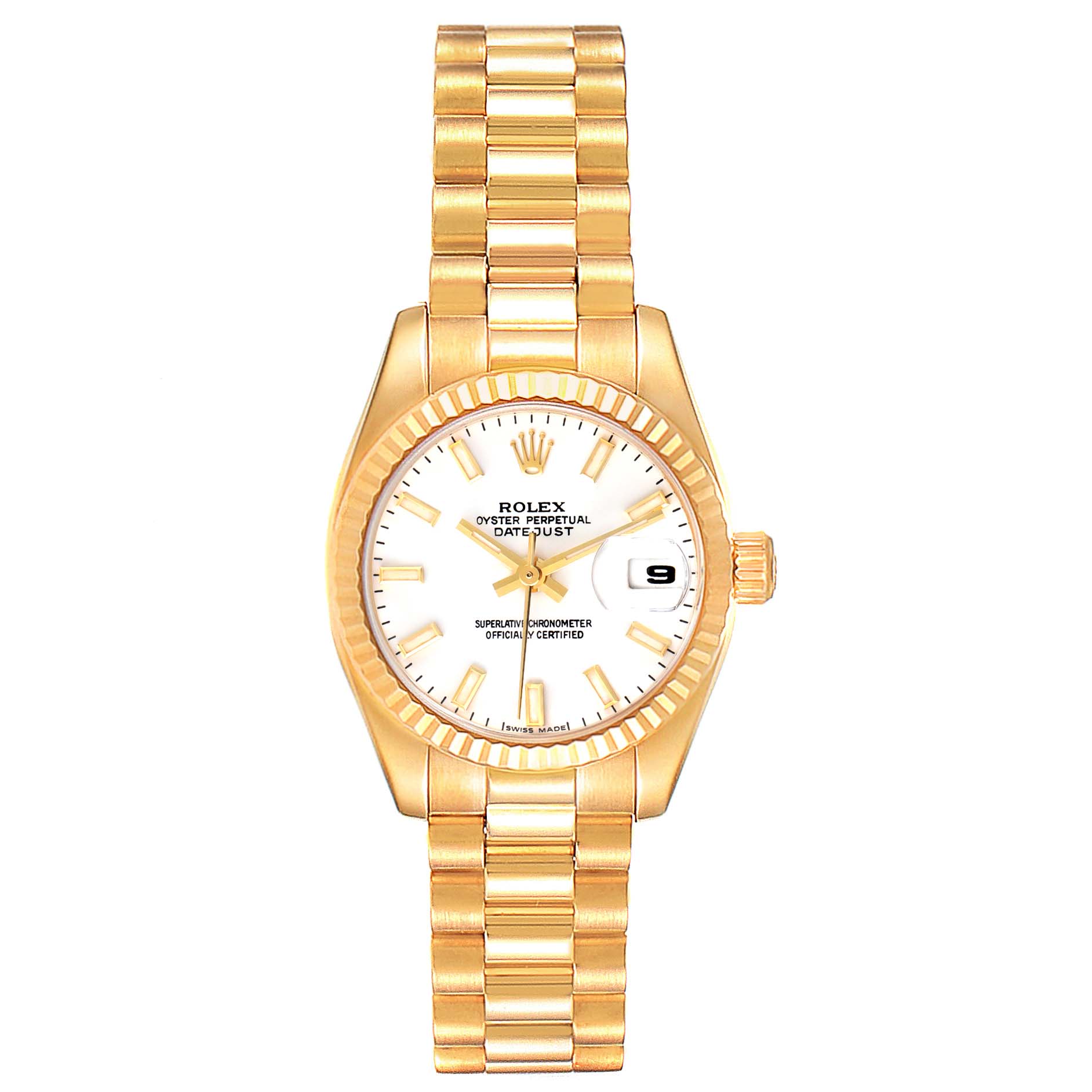 This is a top-down view of a Rolex President 179178 Women
s Yellow Gold White Dial 179178 Women
s Yellow Gold White Dial model watch, showing the watch face, bezel, and bracelet.