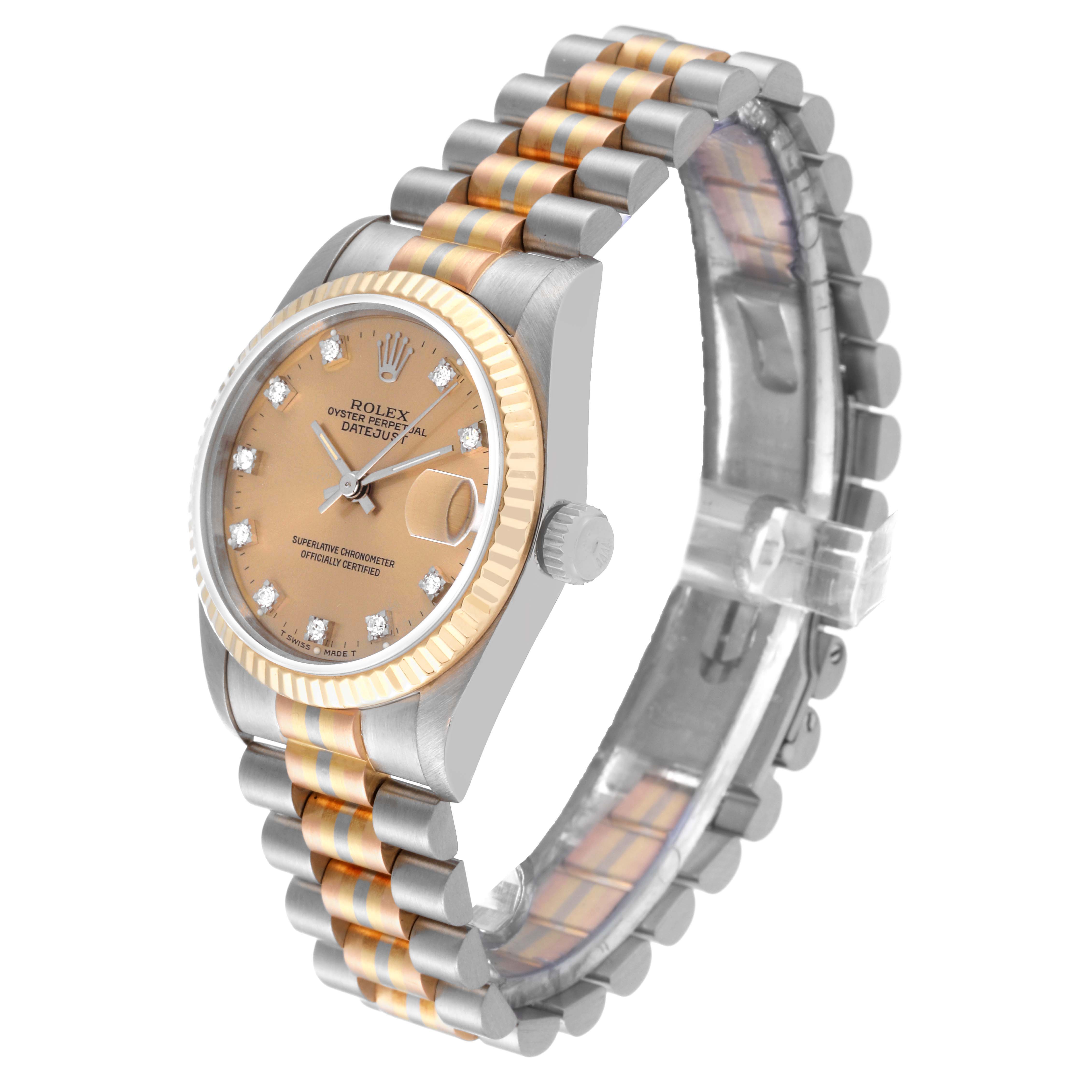The image shows a Rolex President 68279 Women's White Gold Champagne Dial 68279 Women's White Gold Champagne Dial model watch from an angled side view, displaying the dial, bezel, crown, and two-tone bracelet.