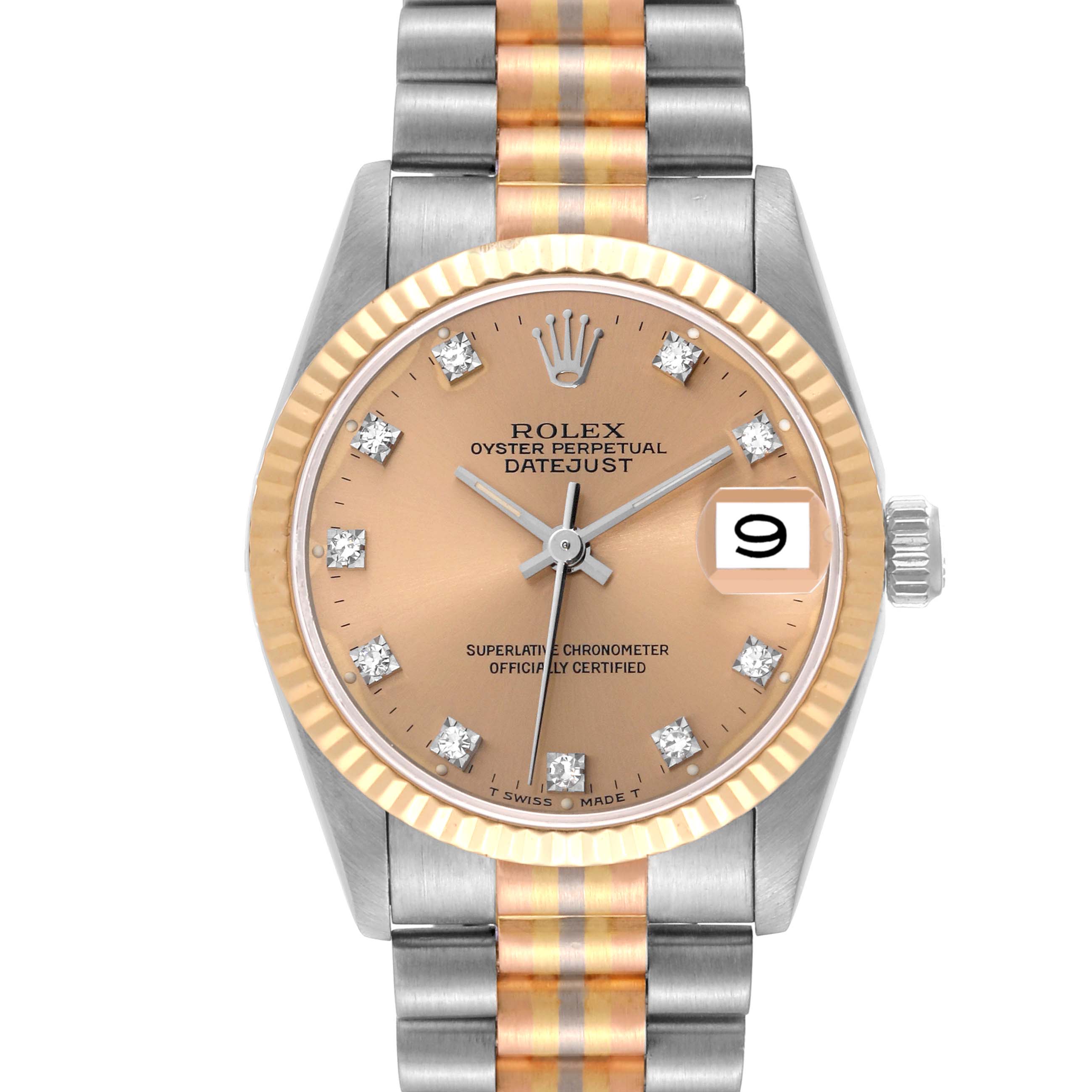 The image shows a President model Rolex watch from the front, displaying its face, bezel, and part of the bracelet.