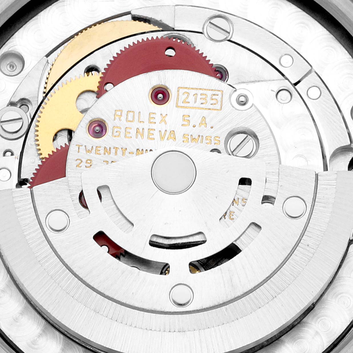 The image shows the mechanical inner workings of a Rolex President 68279 Women's White Gold Champagne Dial 68279 Women's White Gold Champagne Dial model watch, focusing on the gears and movement.