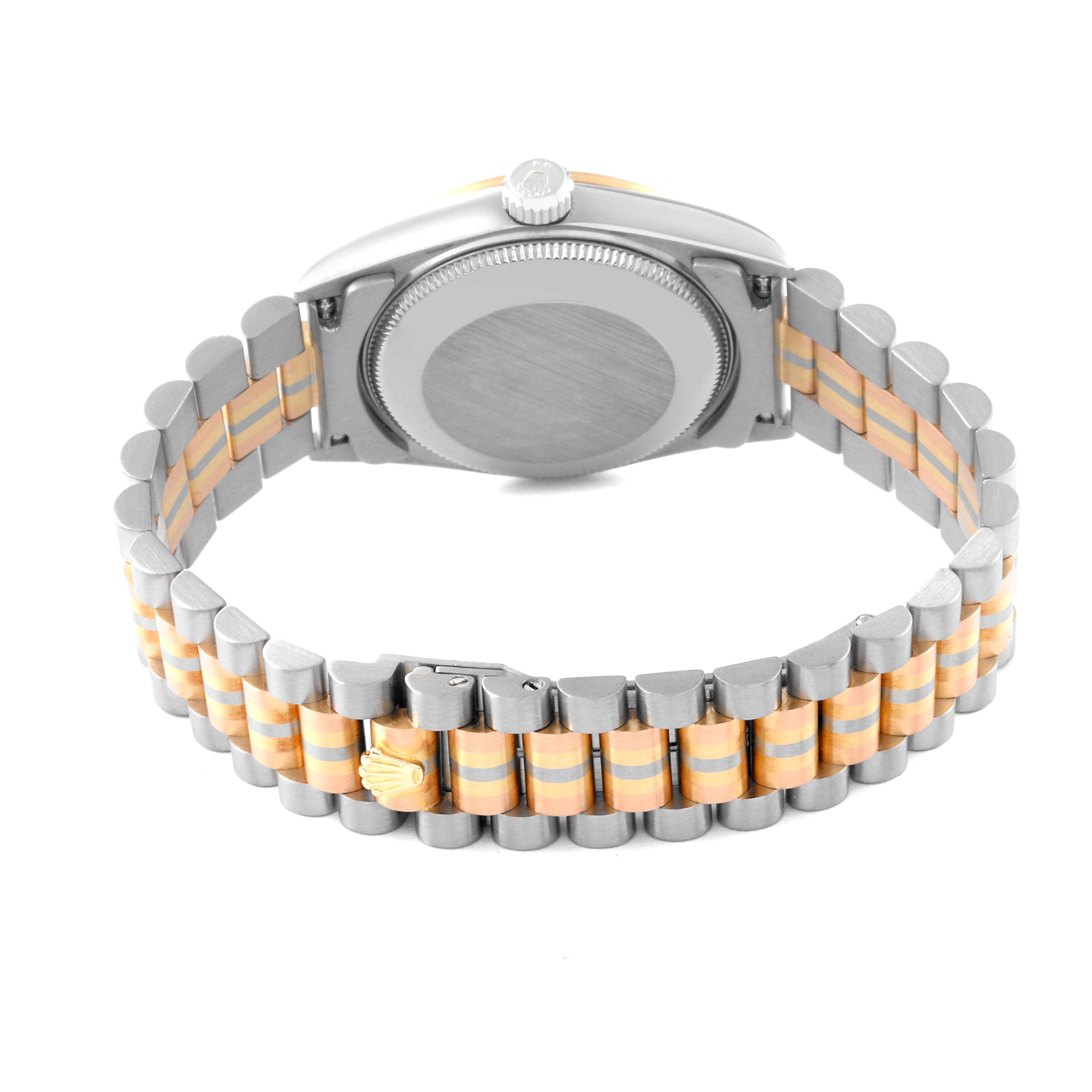 The image shows the back view of the Rolex President 68279 Women's White Gold Champagne Dial 68279 Women's White Gold Champagne Dial model, highlighting its two-tone metal bracelet and closed case back.