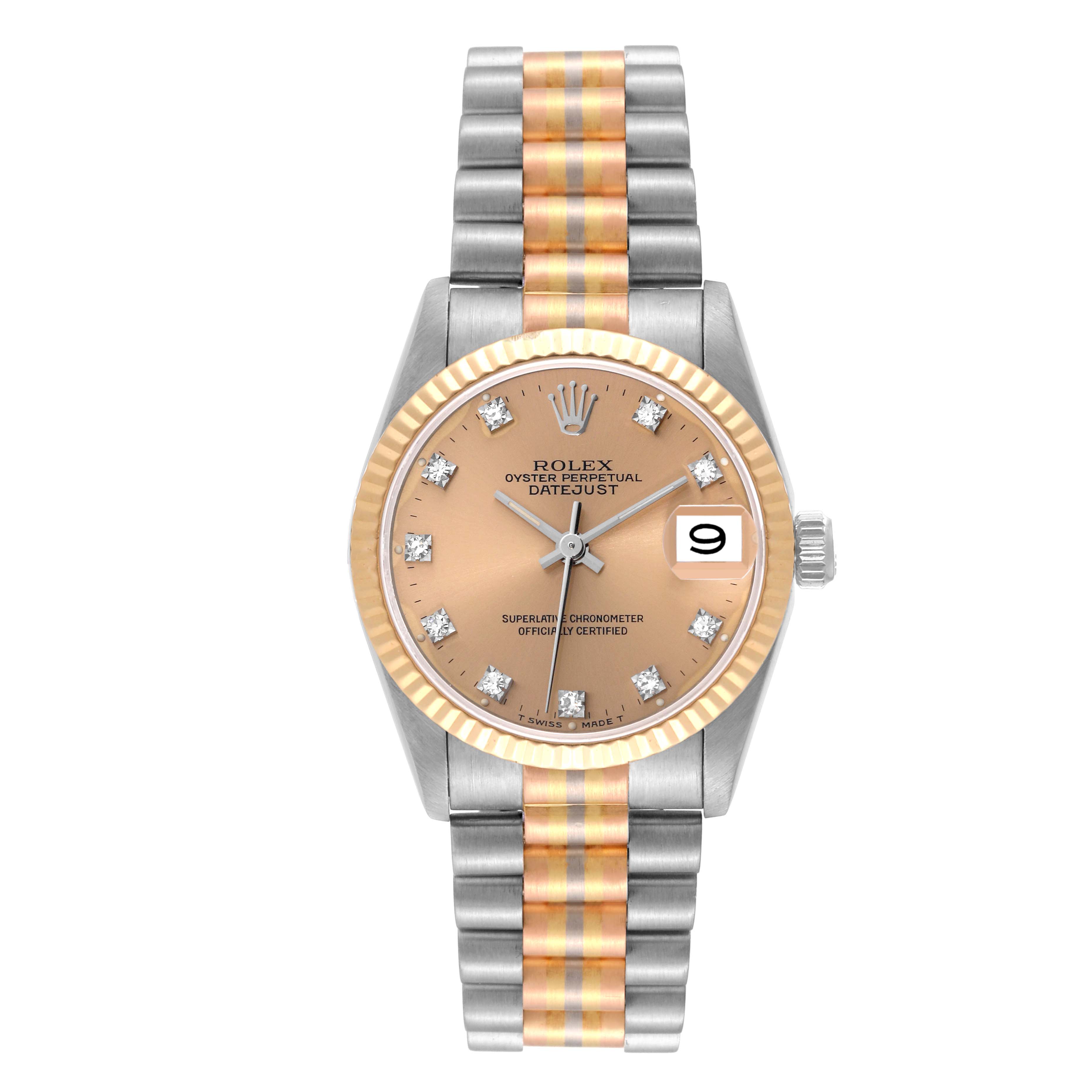 The Rolex President 68279 Women's White Gold Champagne Dial 68279 Women's White Gold Champagne Dial model is shown from a top view, highlighting its face, bezel, crown, and two-tone bracelet.