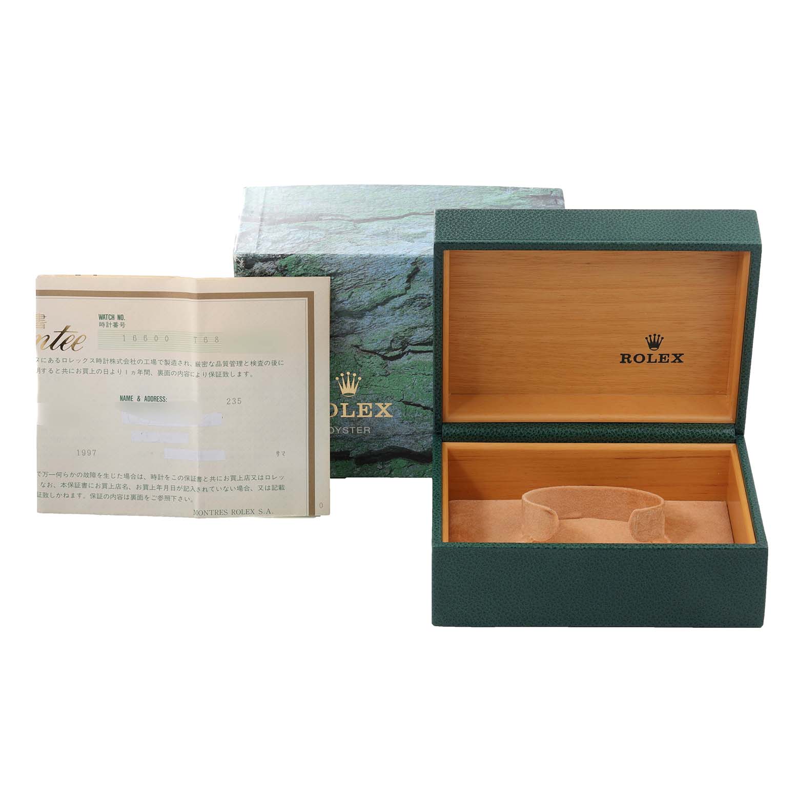 Displayed are the Rolex Sea-Dweller 16600 Men
s Stainless Steel Black Dial 16600 Men
s Stainless Steel Black Dial
s accessories including the presentation box, outer box, and certification documents.