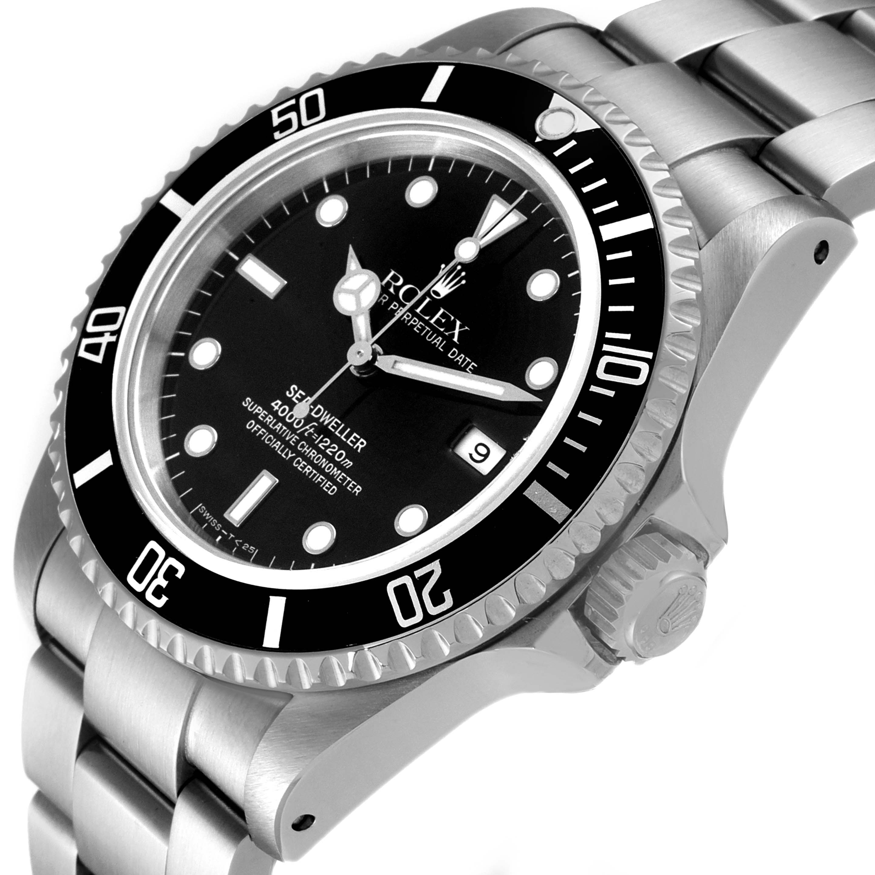 The image shows a side and angled view of the Rolex Sea-Dweller 16600 Men
s Stainless Steel Black Dial 16600 Men
s Stainless Steel Black Dial watch, highlighting the dial, bezel, crown, and part of the bracelet.