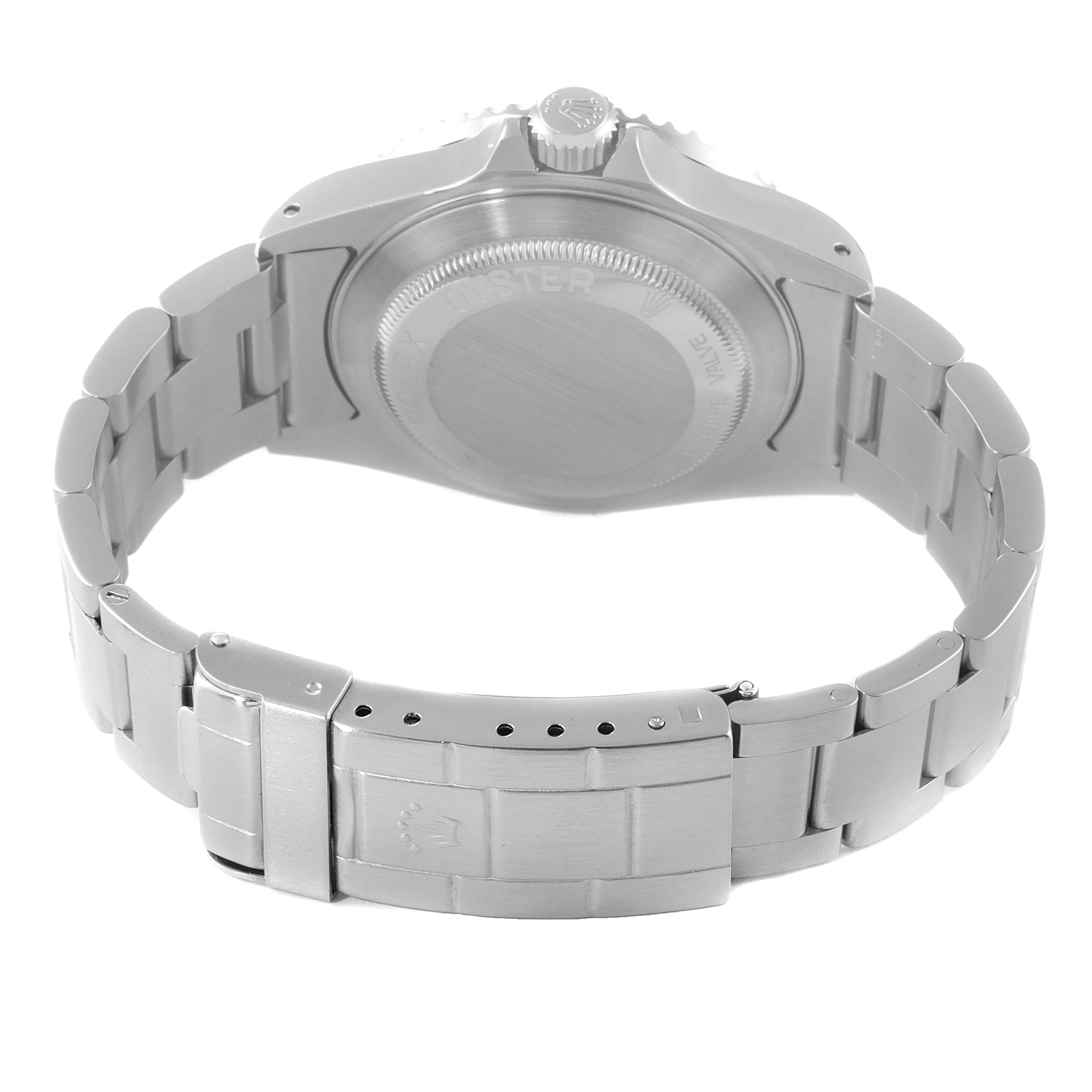 The image shows the backside of the Rolex Sea-Dweller 16600 Men
s Stainless Steel Black Dial 16600 Men
s Stainless Steel Black Dial watch, highlighting the case back, crown, and metal bracelet clasp.