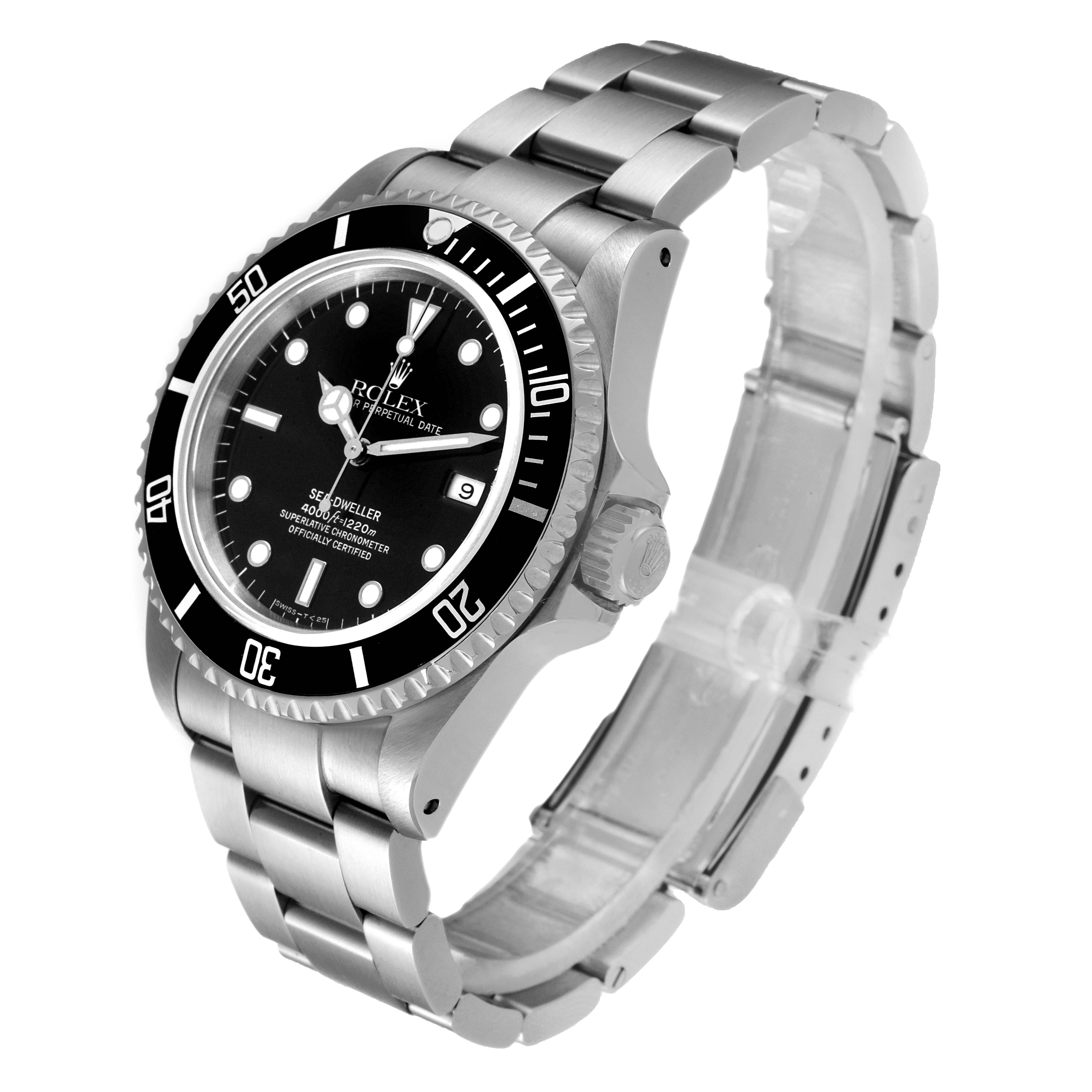 The image shows a Rolex Sea-Dweller 16600 Men
s Stainless Steel Black Dial 16600 Men
s Stainless Steel Black Dial watch at a three-quarter angle, featuring its dial, bezel, crown, and bracelet.