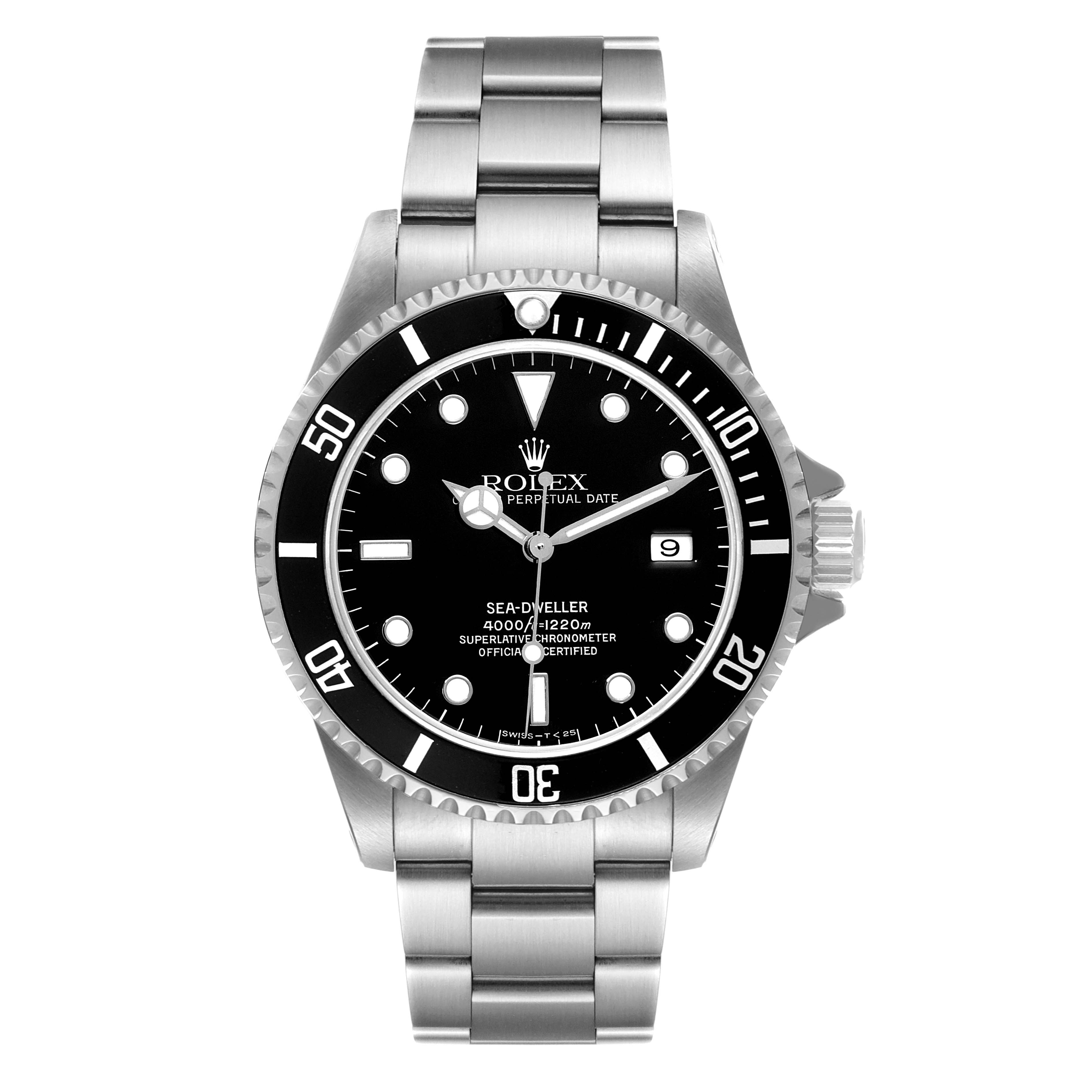 The image shows a front view of a Rolex Sea-Dweller 16600 Men
s Stainless Steel Black Dial 16600 Men
s Stainless Steel Black Dial watch, highlighting its face, bezel, and bracelet.