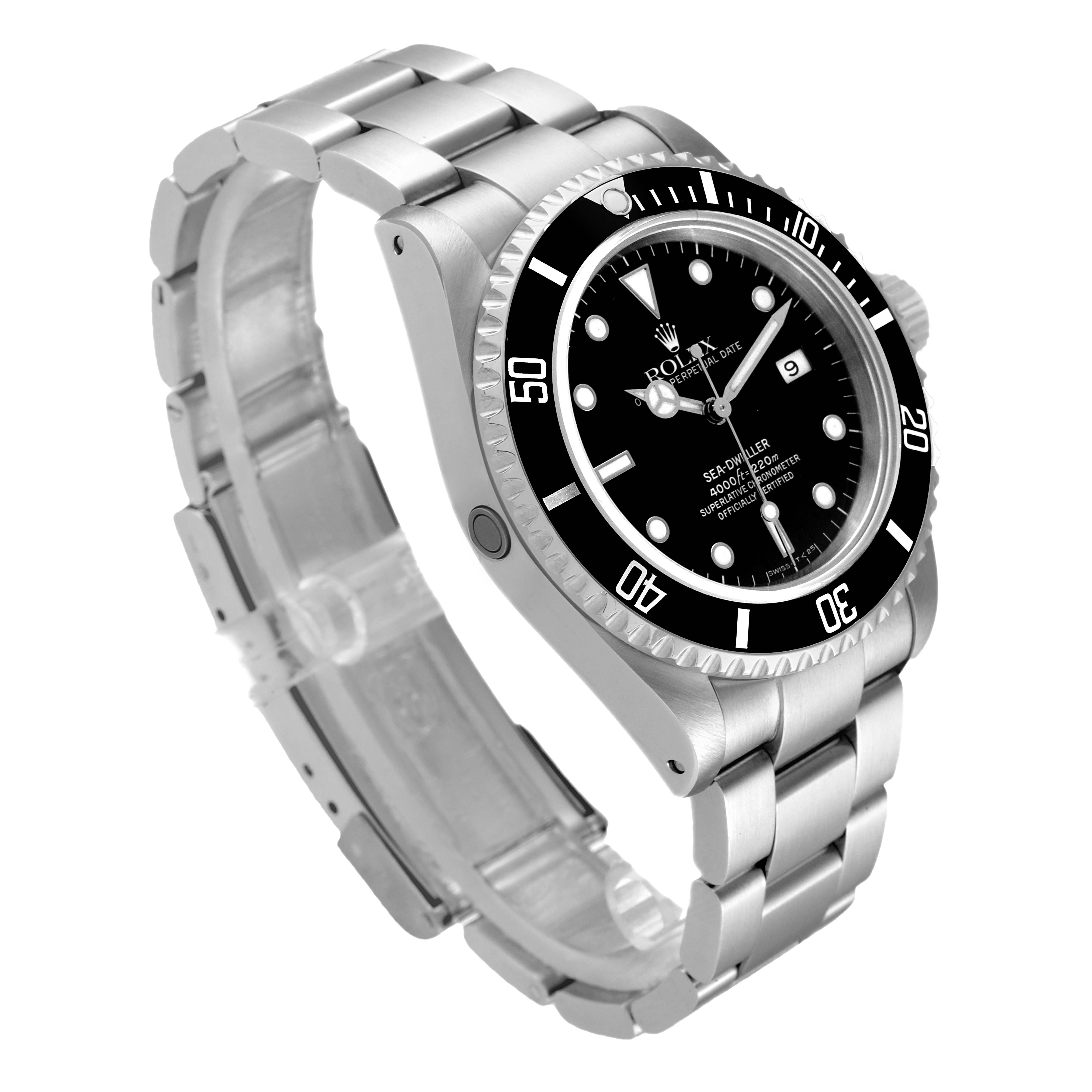 The image shows a side angle of a Rolex Sea-Dweller 16600 Men
s Stainless Steel Black Dial 16600 Men
s Stainless Steel Black Dial watch, highlighting its face, bezel, and bracelet.