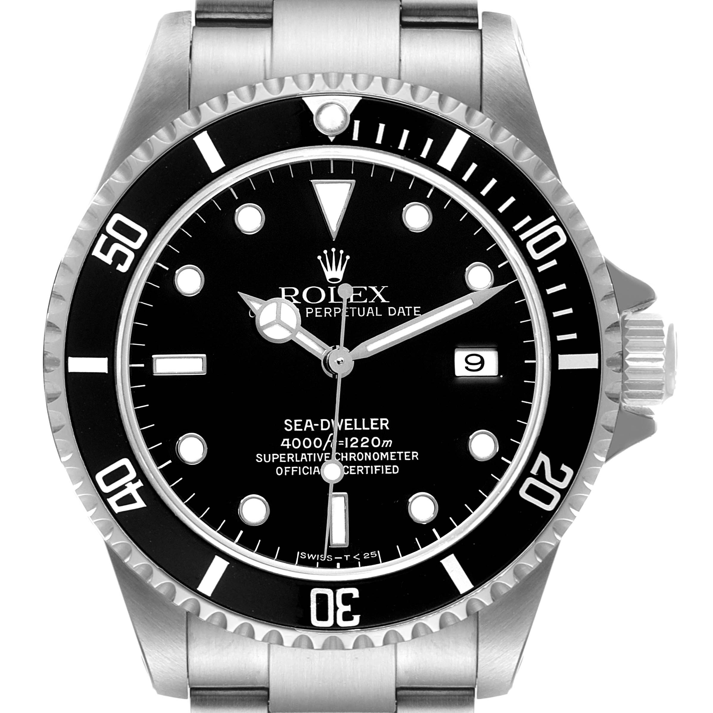 The image shows a front view of the Rolex Sea-Dweller 16600 Men
s Stainless Steel Black Dial 16600 Men
s Stainless Steel Black Dial watch, displaying the dial, bezel, crown, and part of the bracelet.