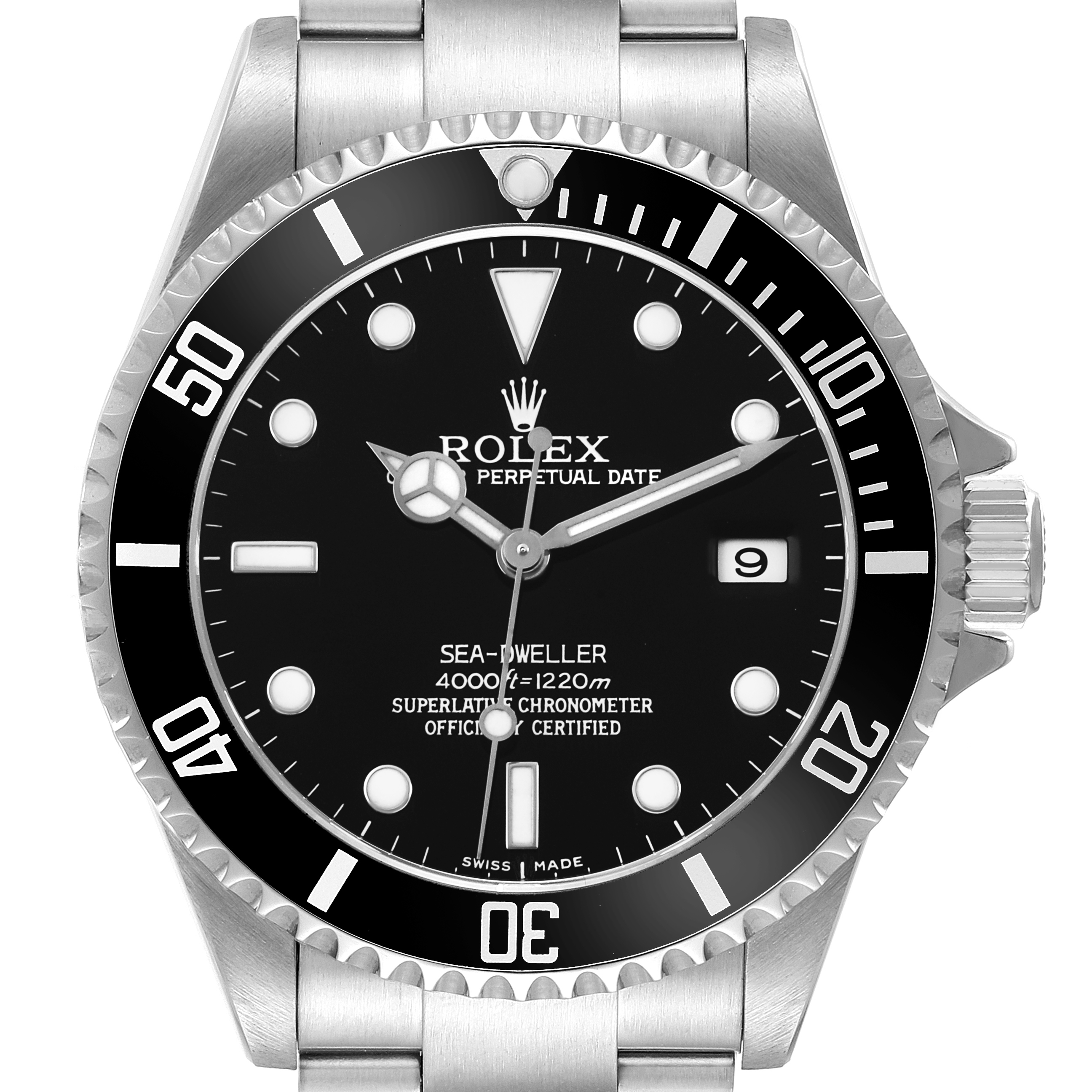 The Rolex Sea-Dweller 16600 Men's Stainless Steel Black Dial watch is shown from a front angle, displaying the dial, bezel, and part of the bracelet.