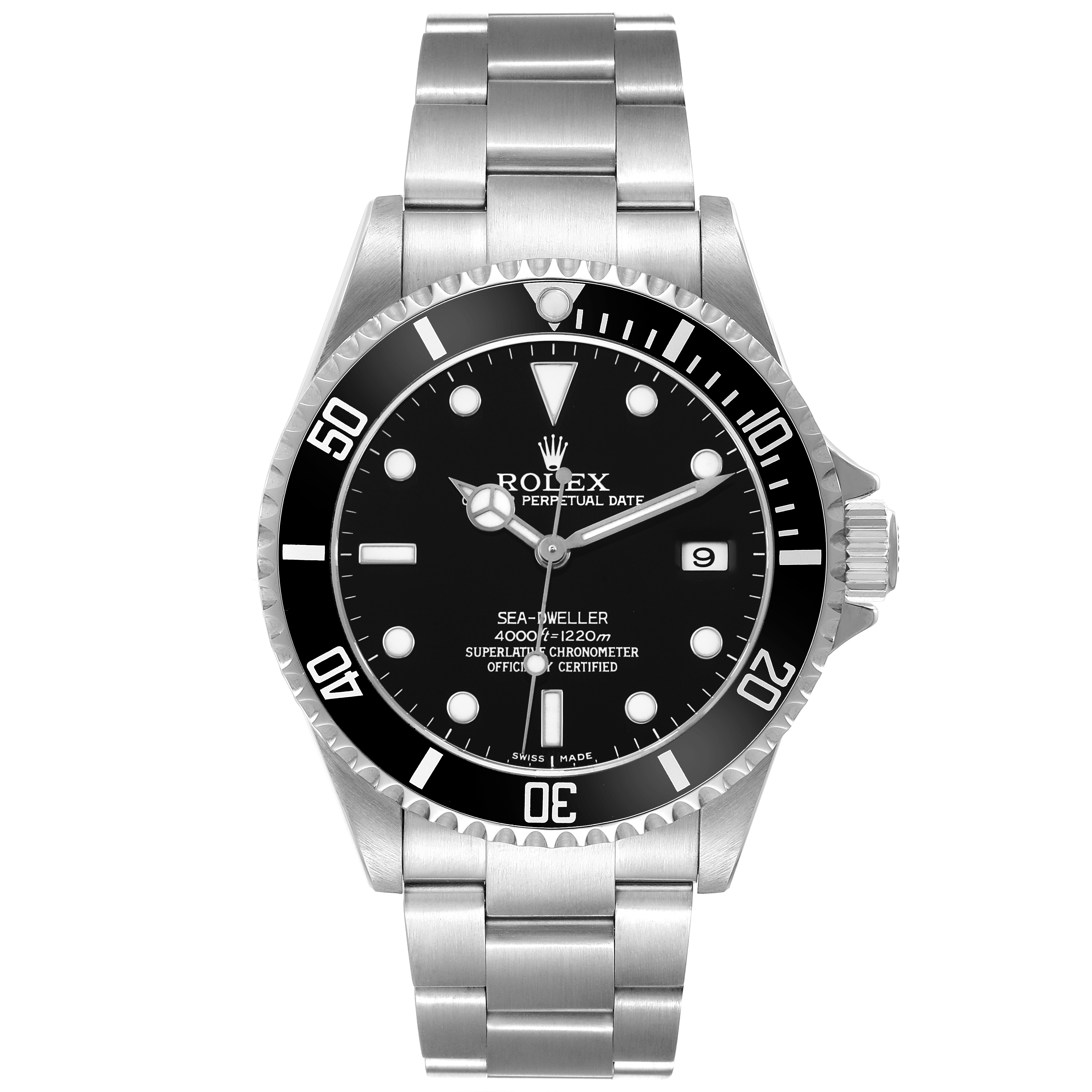 The Rolex Sea-Dweller 16600 Men's Stainless Steel Black Dial watch is shown from a front angle, displaying its dial, bezel, and bracelet.
