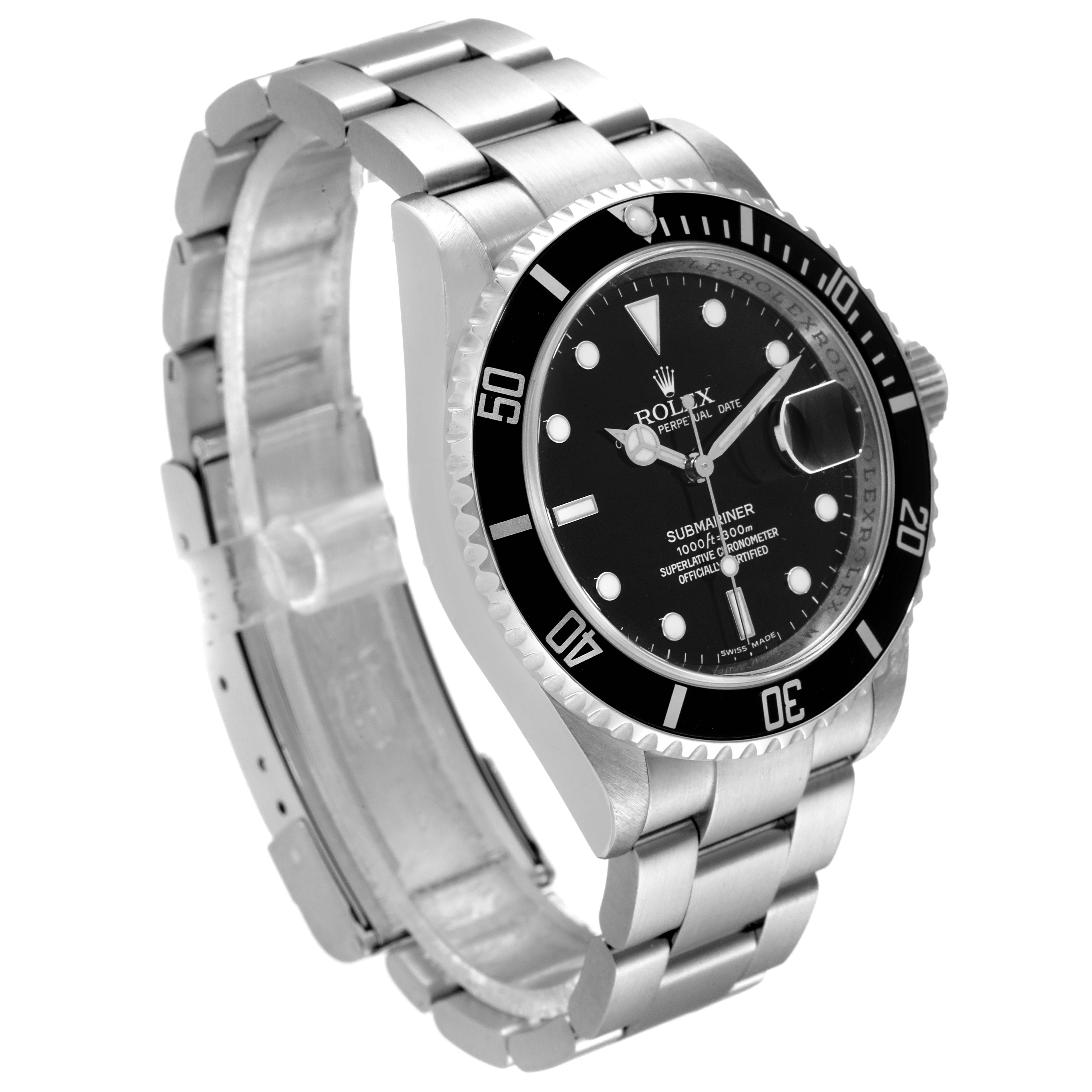 The Rolex Submariner 16610 Men
s Stainless Steel Black Dial 16610 Men
s Stainless Steel Black Dial model watch is shown at a 45-degree angle displaying its black dial, bezel, and stainless steel bracelet.