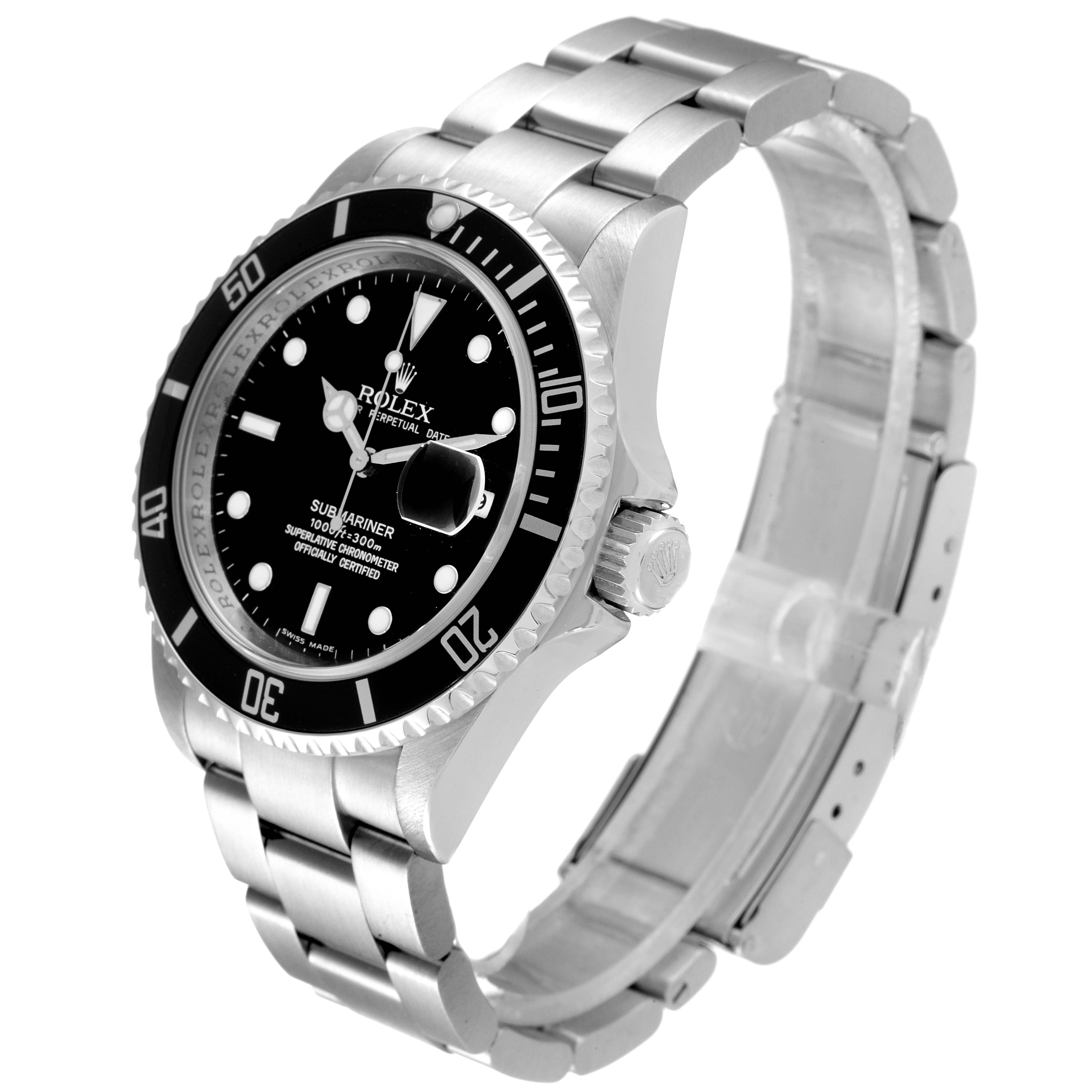 The image shows a Rolex Submariner 16610 Men
s Stainless Steel Black Dial 16610 Men
s Stainless Steel Black Dial watch at a three-quarter angle, highlighting its black dial, bezel, and stainless steel bracelet.