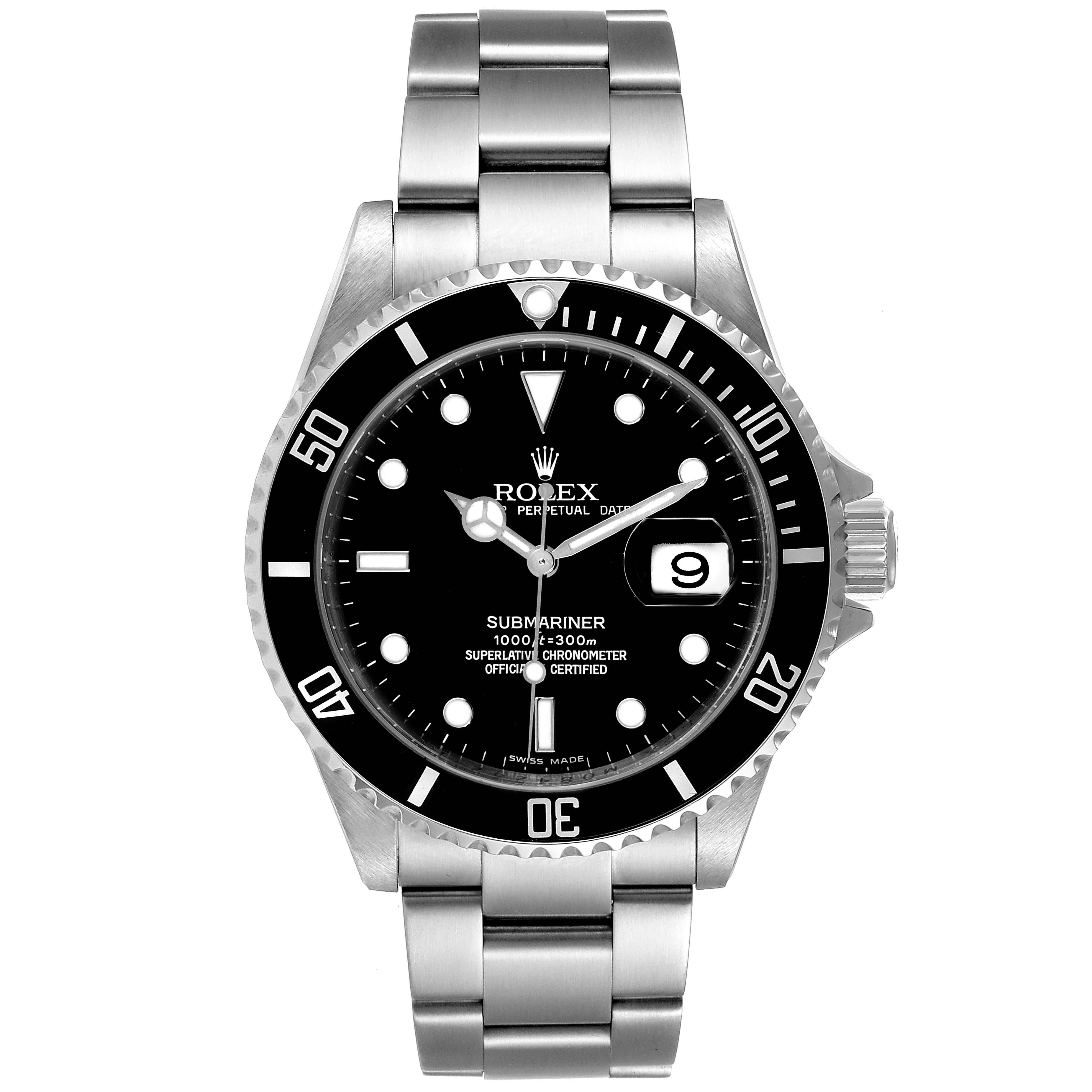 The image shows a front view of a Rolex Submariner 16610 Men
s Stainless Steel Black Dial 16610 Men
s Stainless Steel Black Dial watch, displaying its face, bezel, crown, and stainless steel bracelet.