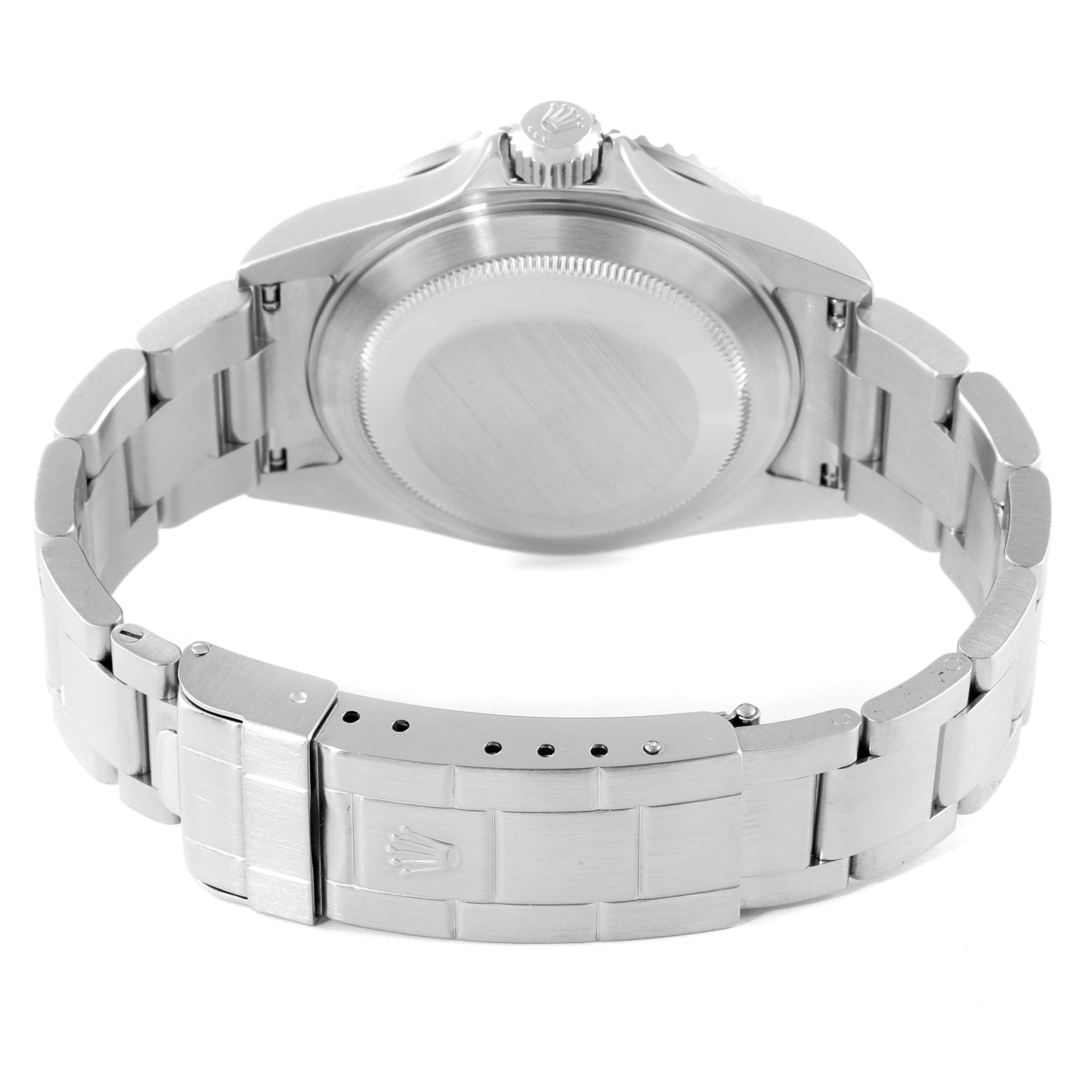 The image shows the back case and clasp of a Rolex Submariner 16610 Men
s Stainless Steel Black Dial 16610 Men
s Stainless Steel Black Dial watch from a rear angle.