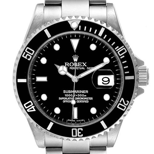 This image shows a Rolex Submariner watch face, bezel, and part of its bracelet in a front view.