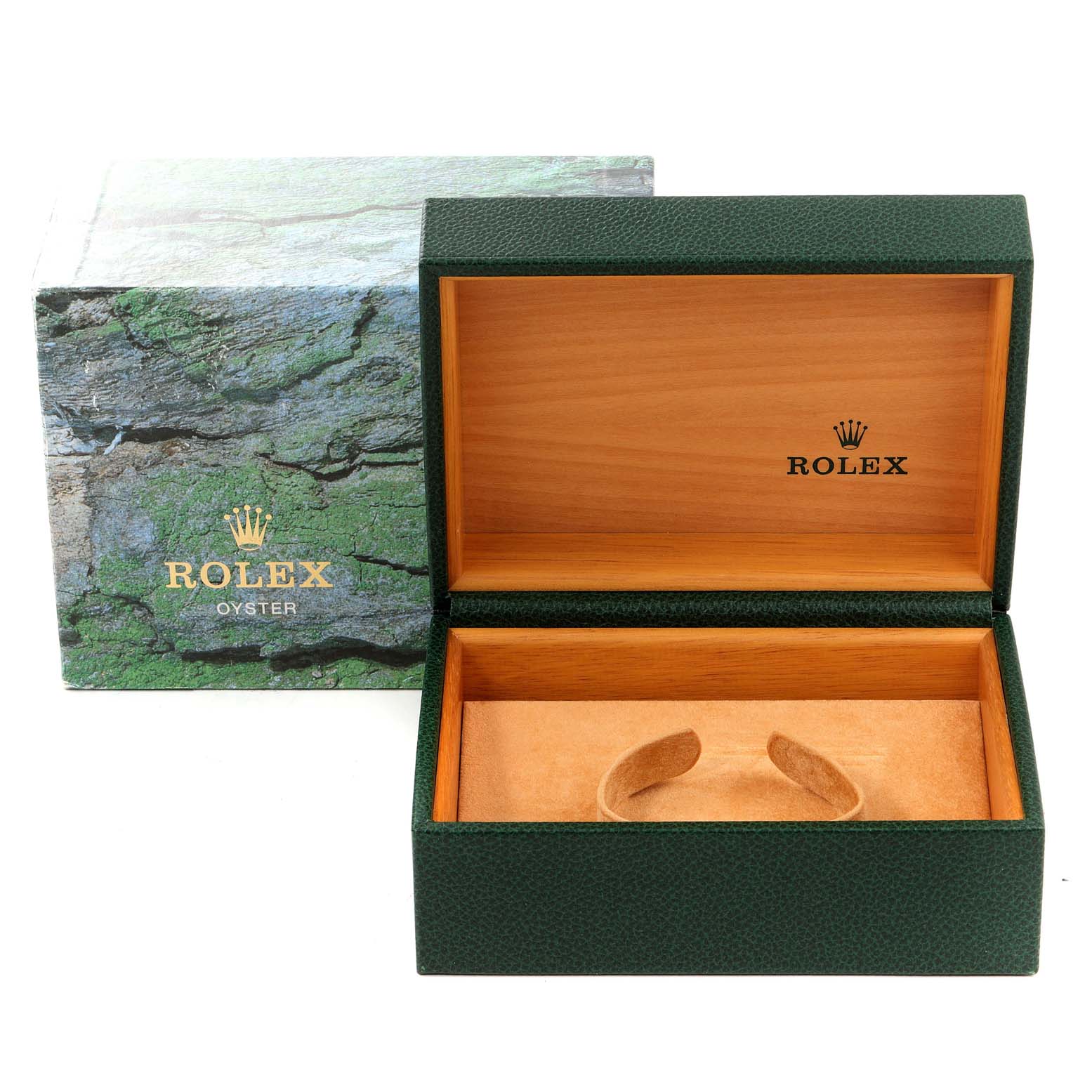 The image shows an open green Rolex watch box for the Submariner model, with an outer box displaying the Rolex Oyster branding.