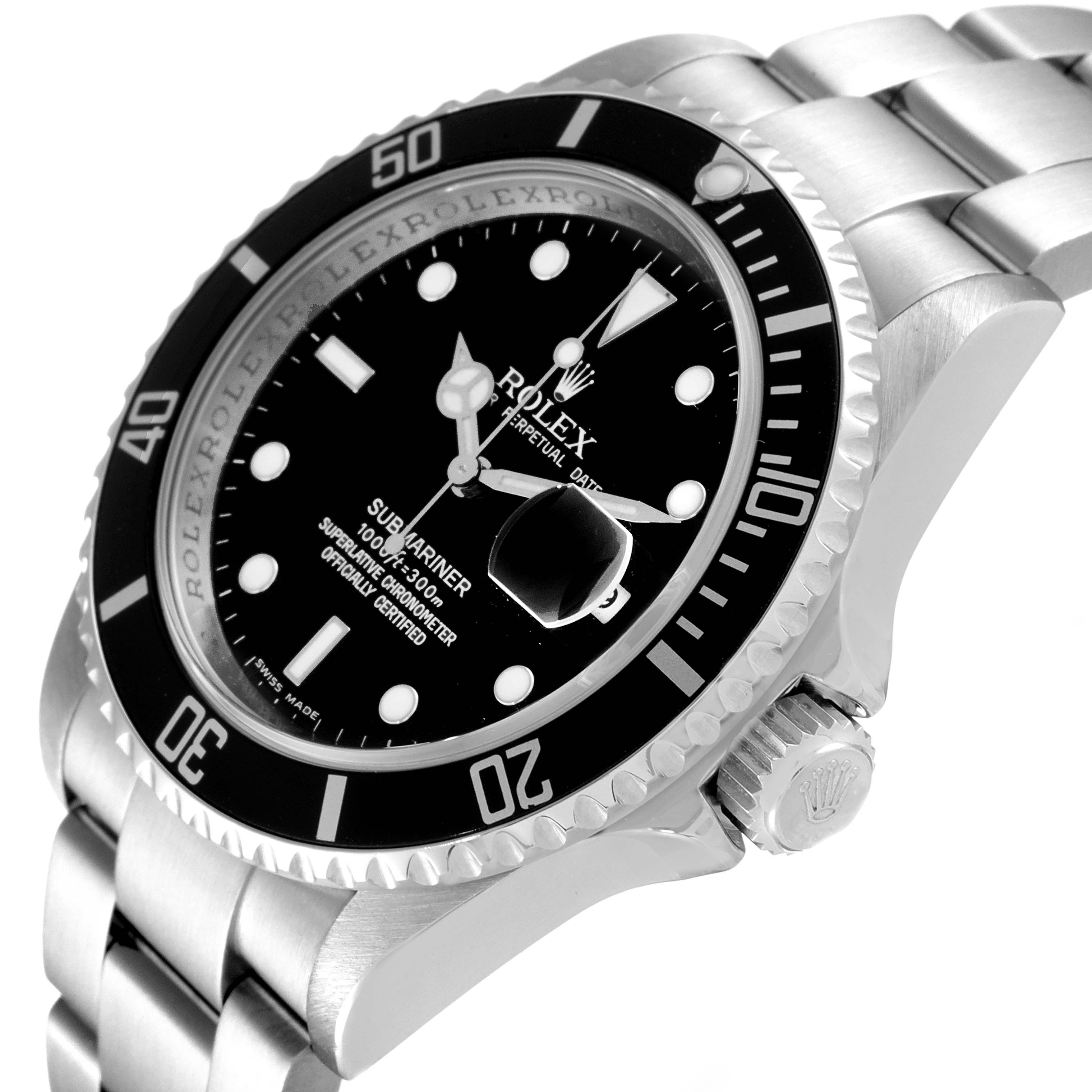 The Rolex Submariner 16610 Men
s Stainless Steel Black Dial 16610 Men
s Stainless Steel Black Dial watch is shown from a side angle, displaying its dial, bezel, crown, and part of the bracelet.