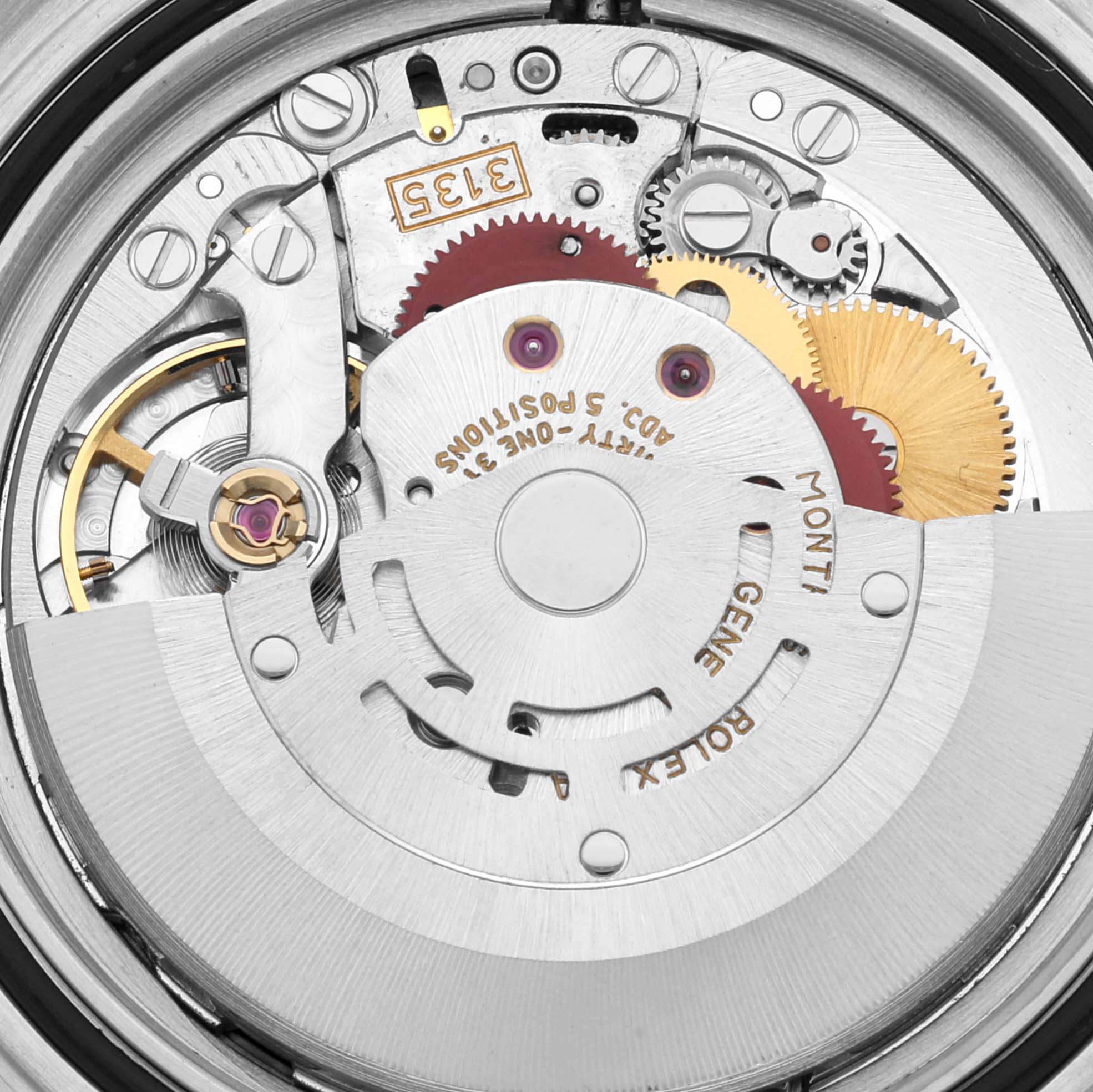 The image shows a close-up view of the intricate movement mechanism inside a Rolex Submariner 16613 Men
s Steel and Gold (two tone) Blue Dial 16613 Men
s Steel and Gold (two tone) Blue Dial watch.