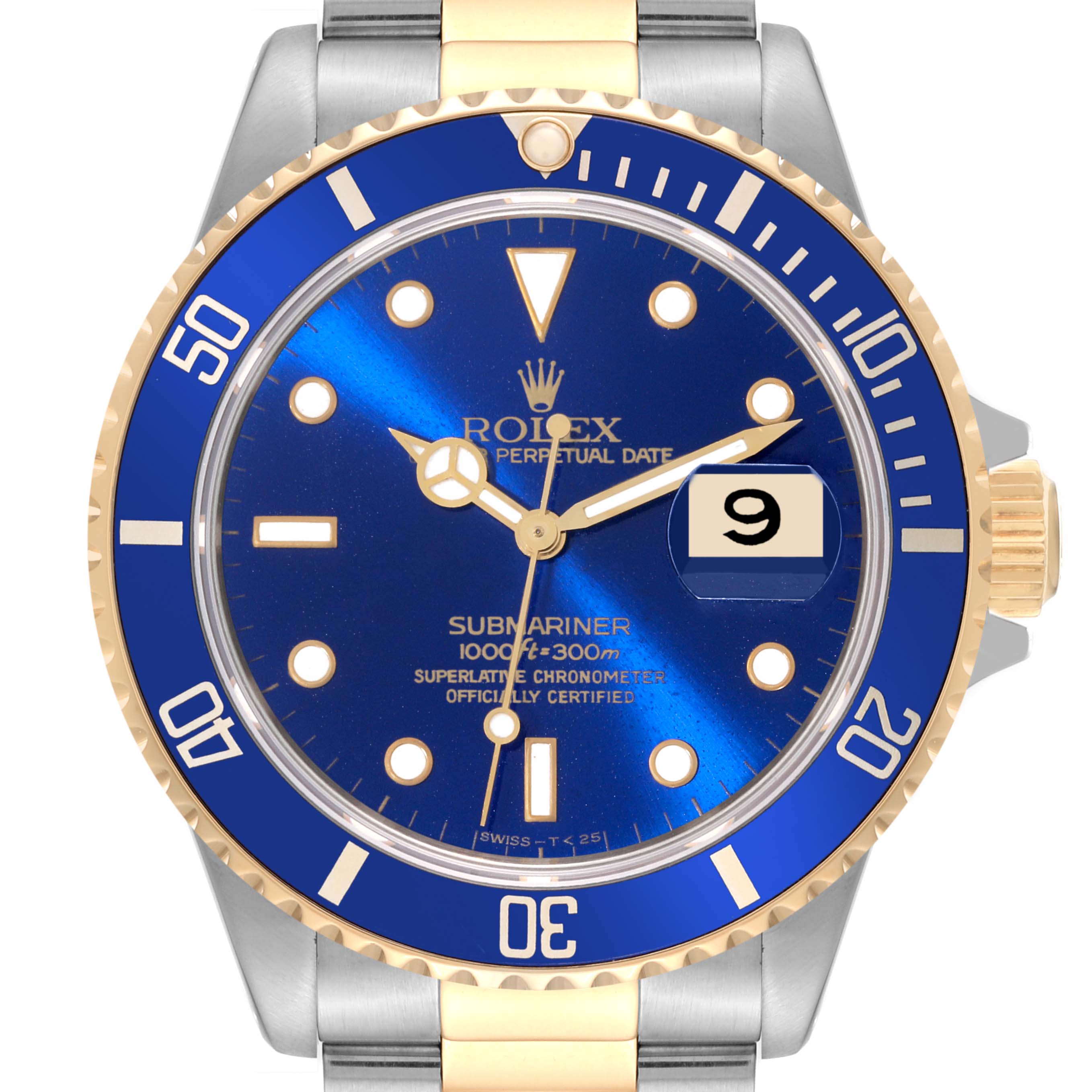 This image shows a close-up view of the face of a Rolex Submariner 16613 Men
s Steel and Gold (two tone) Blue Dial 16613 Men
s Steel and Gold (two tone) Blue Dial watch, highlighting the blue dial, gold accents, and bezel markings.
