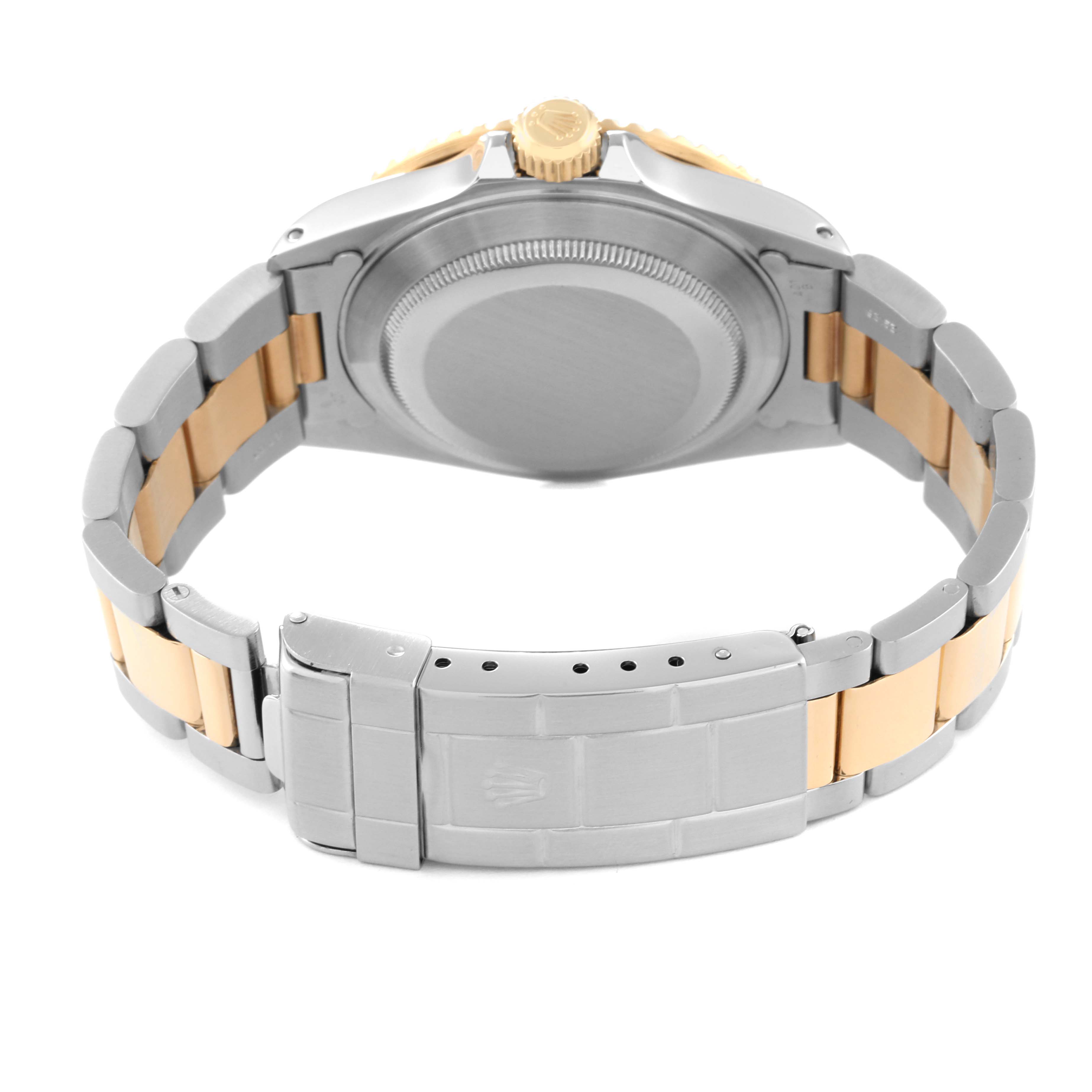 The image shows the back view of the Rolex Submariner 16613 Men
s Steel and Gold (two tone) Blue Dial 16613 Men
s Steel and Gold (two tone) Blue Dial watch, highlighting the bracelet, clasp, case back, and crown.