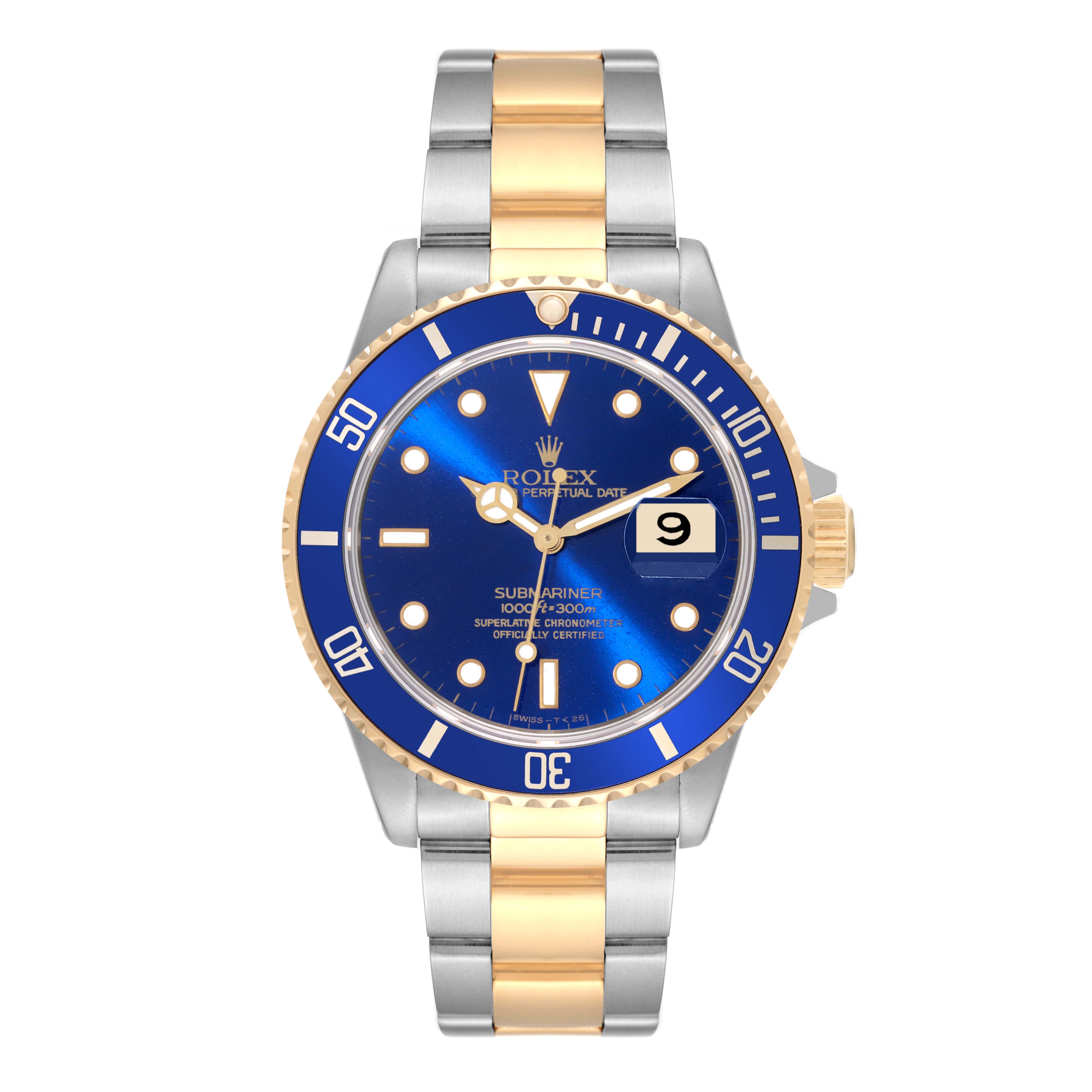 This Rolex Submariner 16613 Men
s Steel and Gold (two tone) Blue Dial 16613 Men
s Steel and Gold (two tone) Blue Dial watch is shown from a front angle, displaying the dial, bezel, and bracelet.