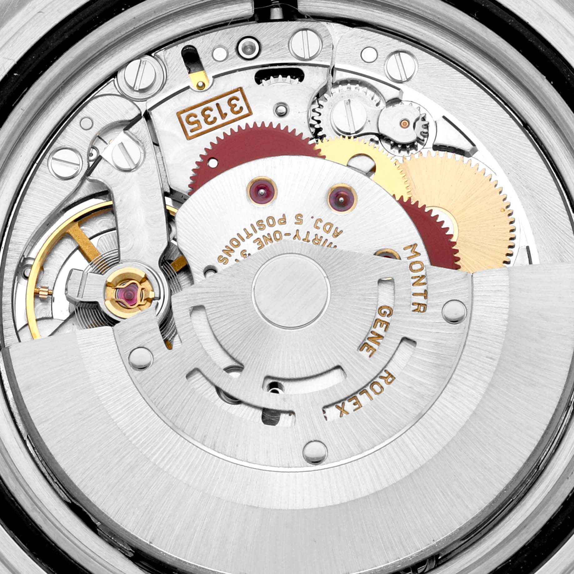 The image shows the inner mechanical movement of a Rolex Submariner 16613 Men
s Steel and Gold (two tone) Blue Dial 16613 Men
s Steel and Gold (two tone) Blue Dial watch, viewed from the back.