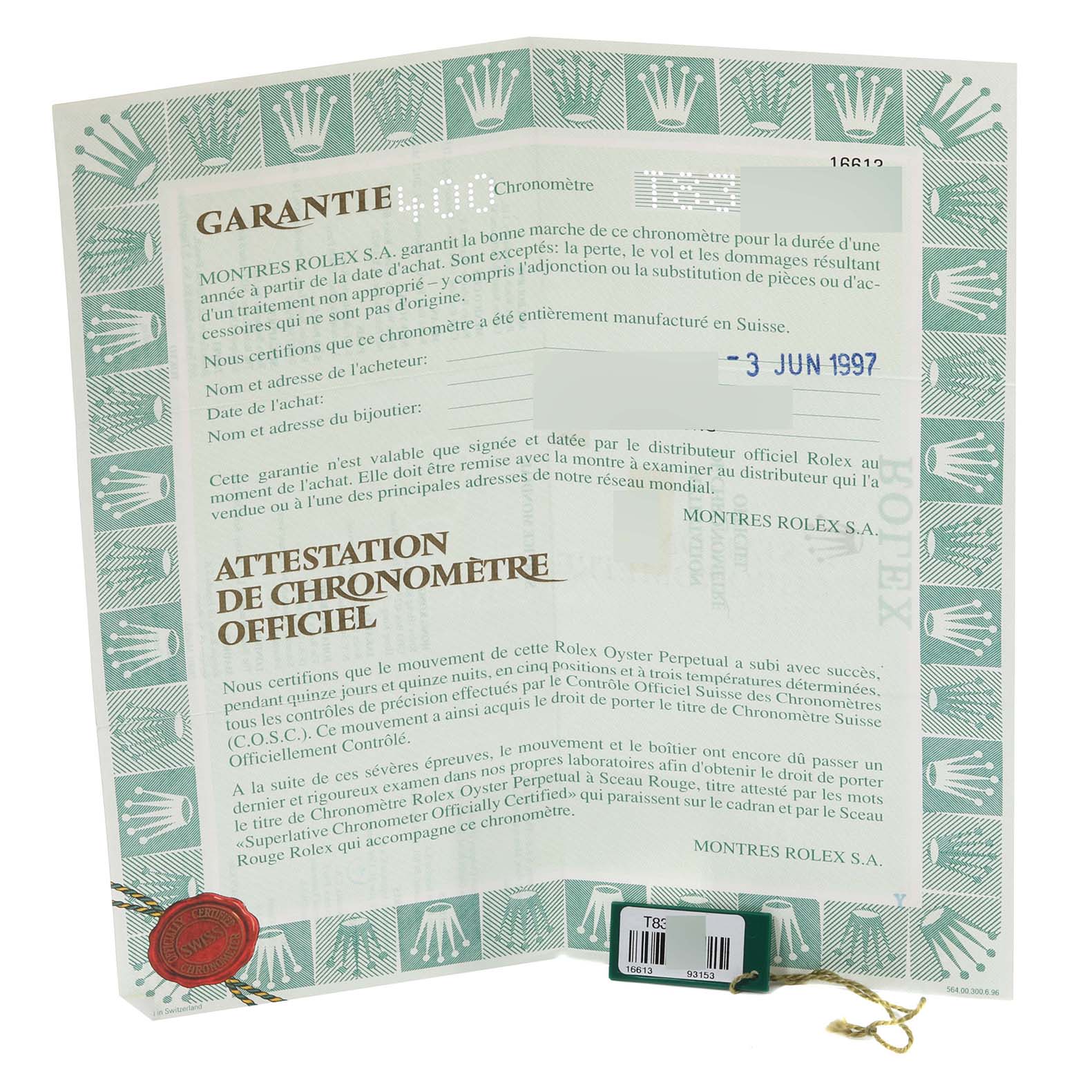 The image shows the warranty and official chronometer certificate for the Rolex Submariner 16613 Men
s Steel and Gold (two tone) Blue Dial 16613 Men
s Steel and Gold (two tone) Blue Dial model dated June 3, 1997.