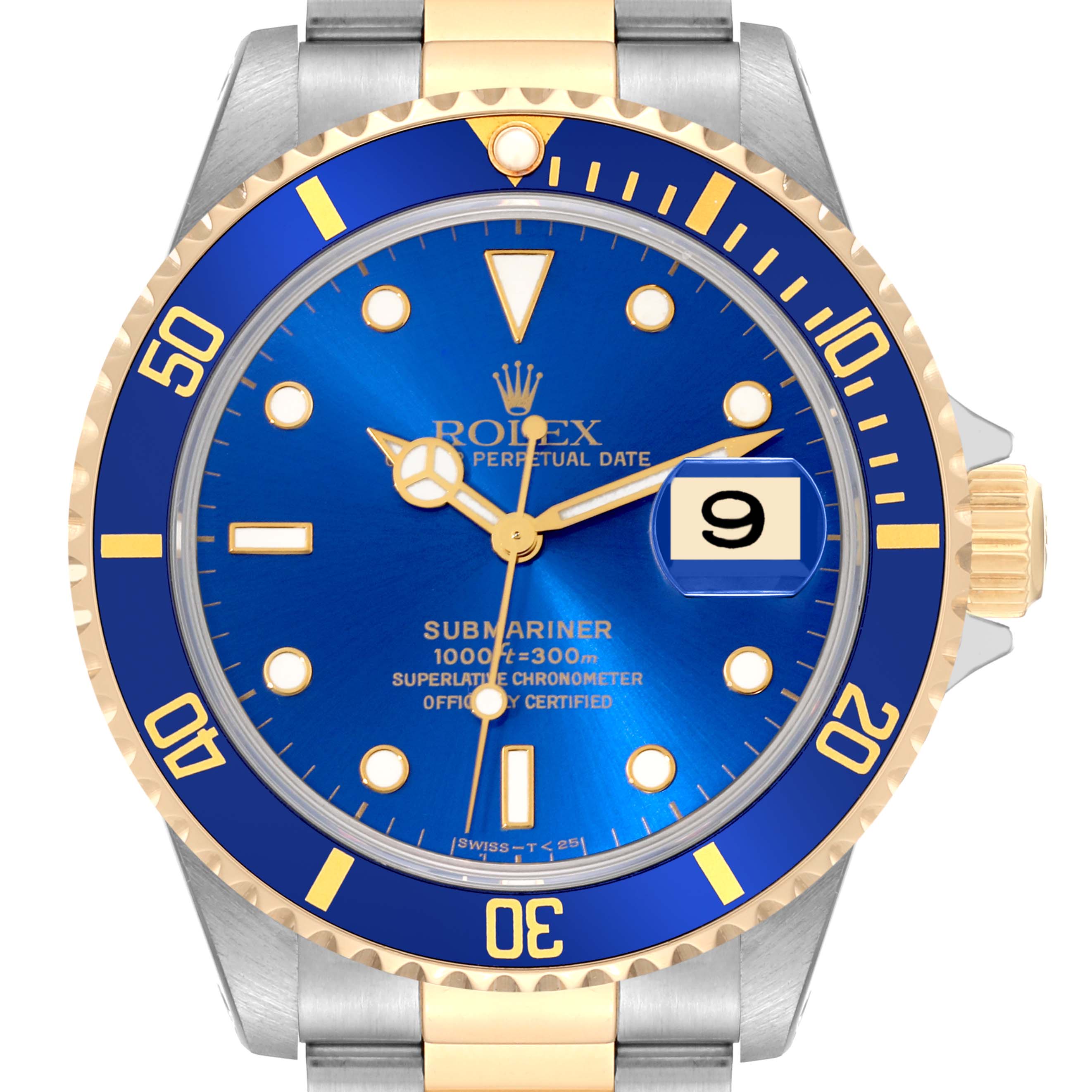 This image shows a front view of the Rolex Submariner 16613 Men
s Steel and Gold (two tone) Blue Dial 16613 Men
s Steel and Gold (two tone) Blue Dial watch, highlighting the blue dial, gold bezel, and date window.