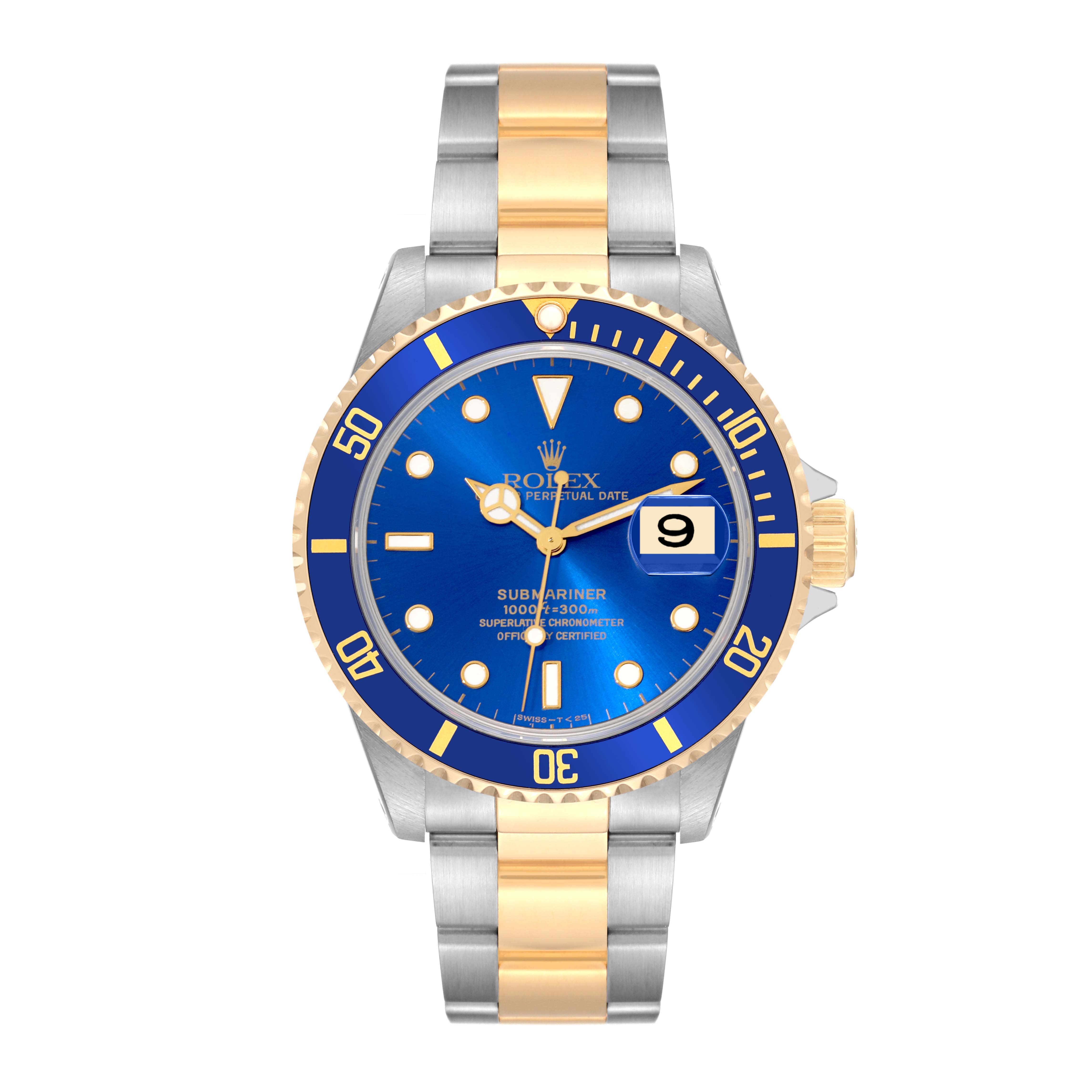The Rolex Submariner 16613 Men
s Steel and Gold (two tone) Blue Dial 16613 Men
s Steel and Gold (two tone) Blue Dial watch is shown from a top-down angle, displaying its blue dial, gold and steel bracelet, and rotating bezel.