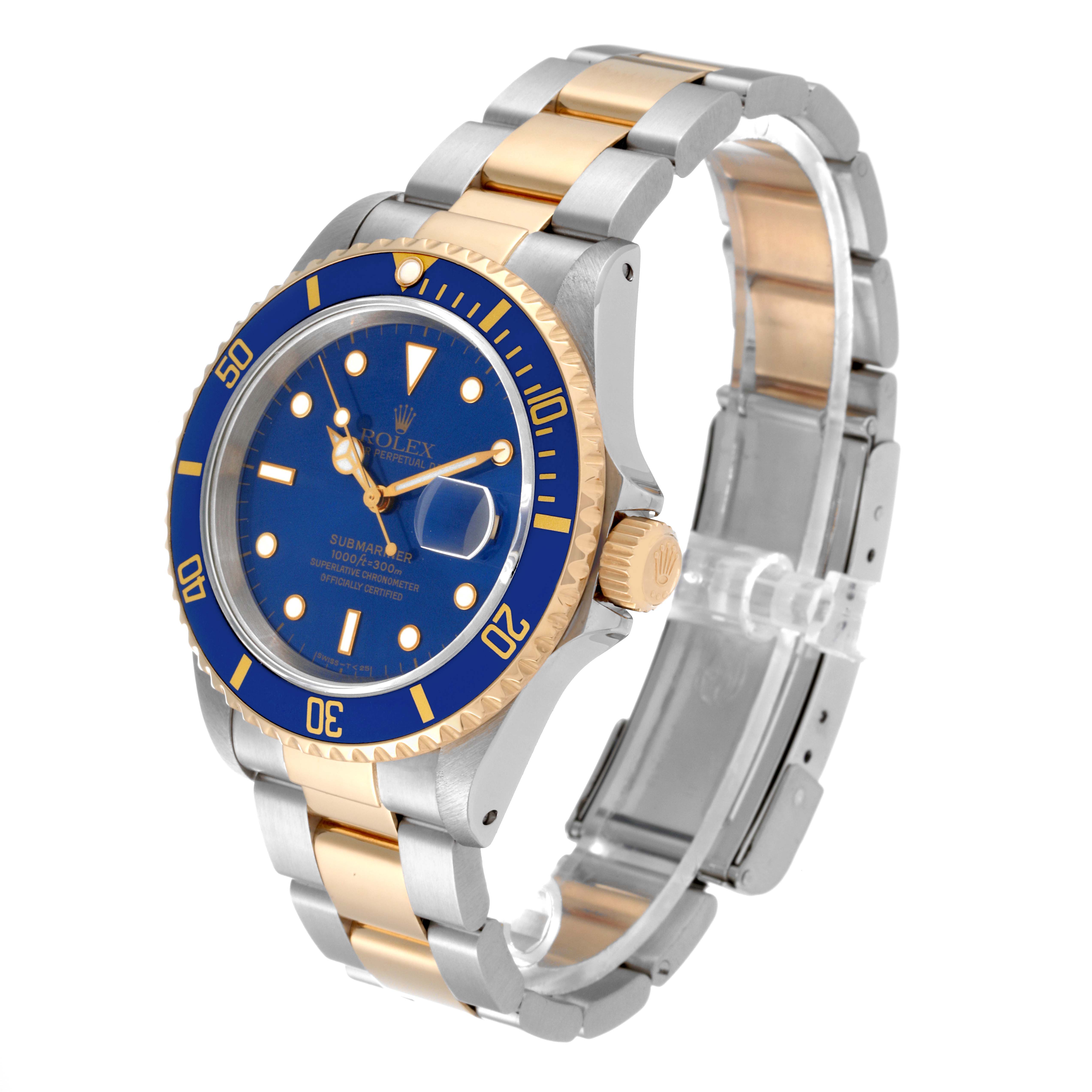 The image shows a Rolex Submariner 16613 Men
s Steel and Gold (two tone) Blue Dial 16613 Men
s Steel and Gold (two tone) Blue Dial watch at an angled side view, highlighting the bezel, crown, dial, and bracelet.