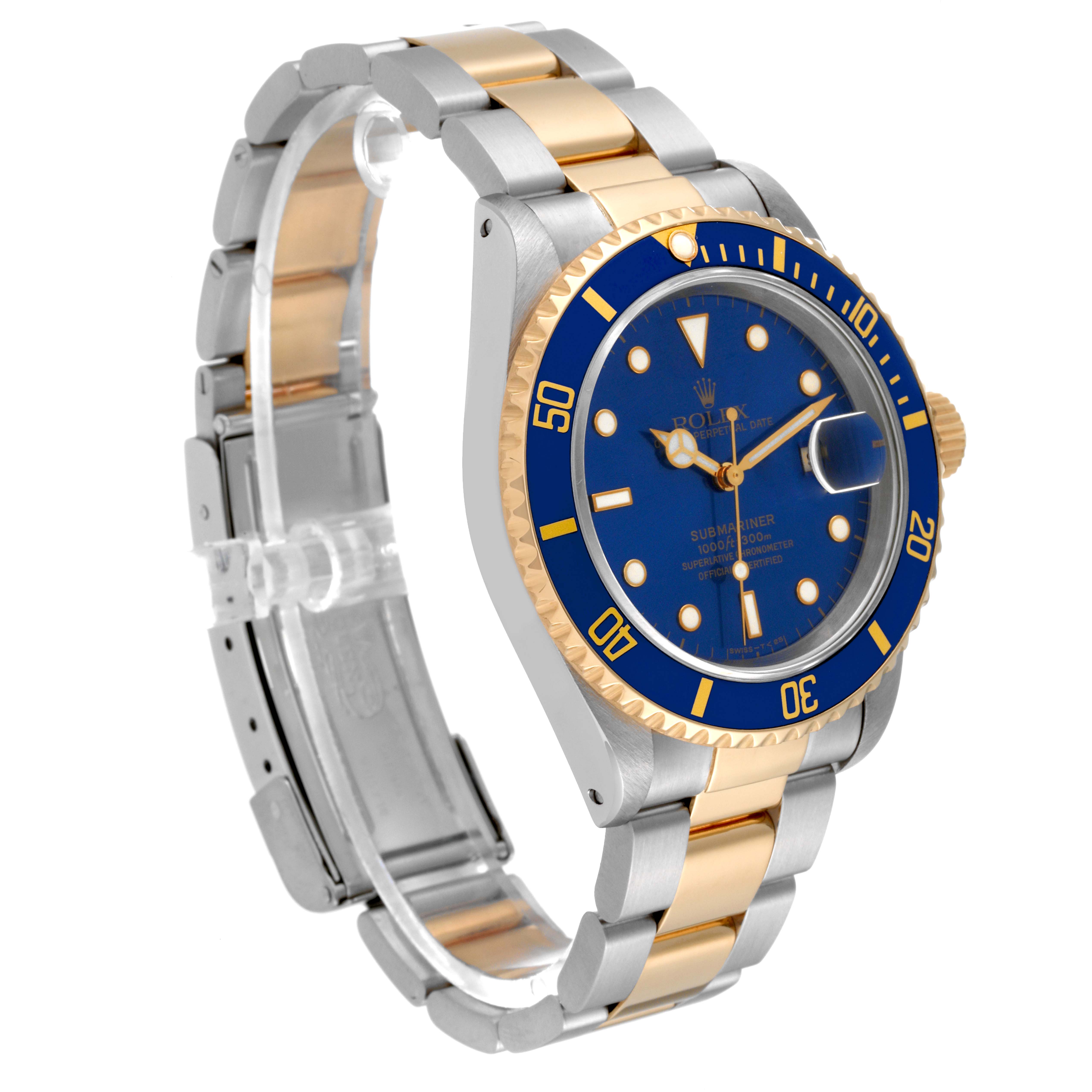 The image shows a Rolex Submariner 16613 Men
s Steel and Gold (two tone) Blue Dial 16613 Men
s Steel and Gold (two tone) Blue Dial watch at a three-quarter angle, highlighting its blue dial, bezel, and two-tone bracelet.