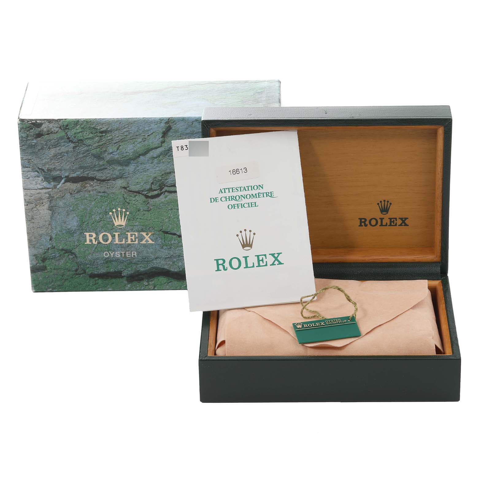 The image shows the packaging and accessories for a Rolex Submariner 16613 Men
s Steel and Gold (two tone) Blue Dial 16613 Men
s Steel and Gold (two tone) Blue Dial, including a box, booklet, tag, and wrapped watch.