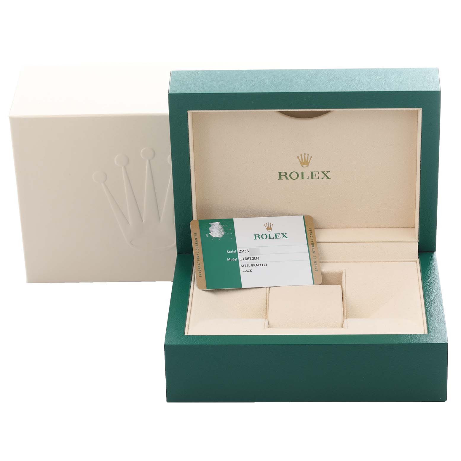 The image shows an open Rolex Submariner 116610LN Men's Stainless Steel Black Dial 116610LN Men's Stainless Steel Black Dial box, displaying an identification card inside.