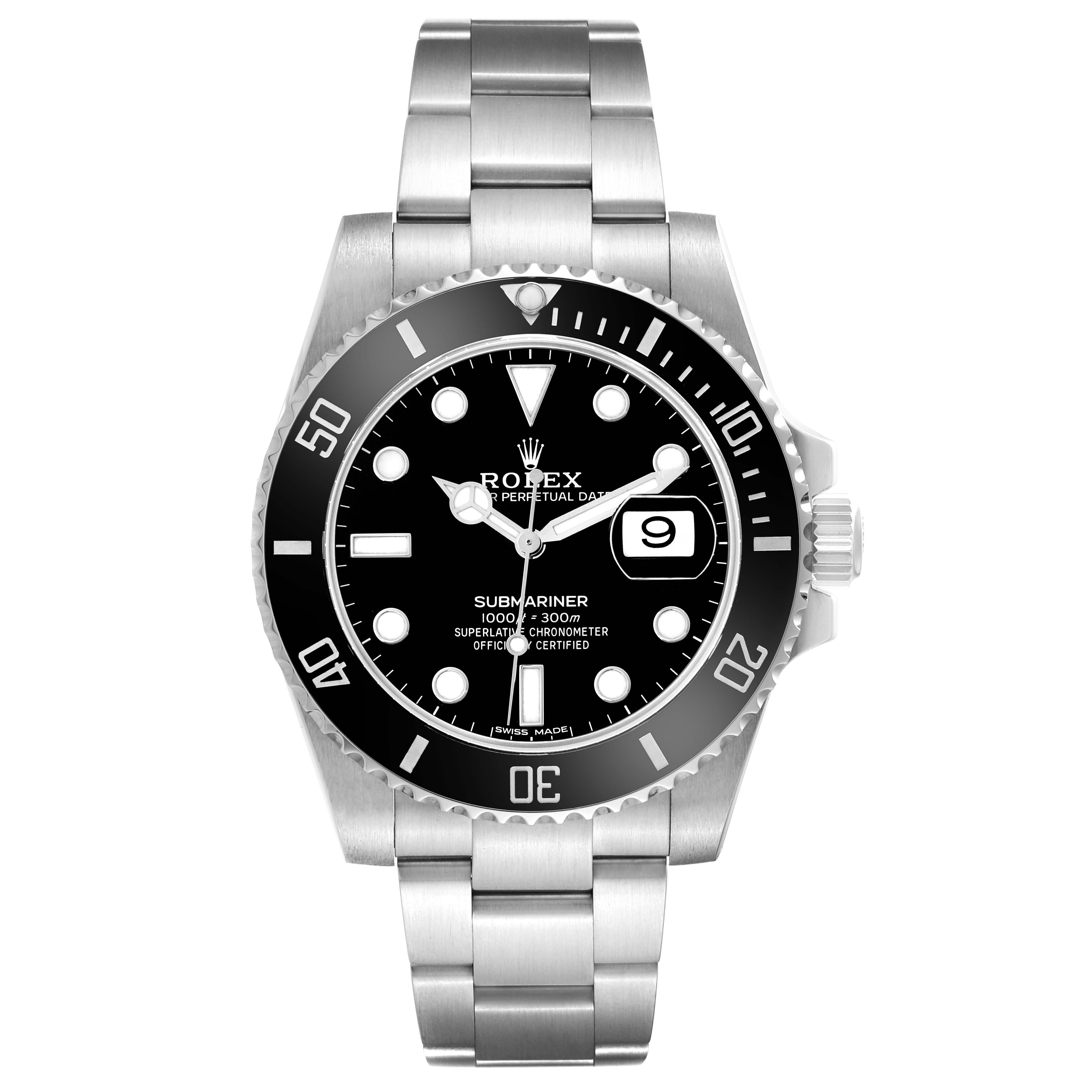 The Rolex Submariner 116610LN Men's Stainless Steel Black Dial 116610LN Men's Stainless Steel Black Dial watch is shown from a front angle, displaying the dial, bezel, case, and bracelet.