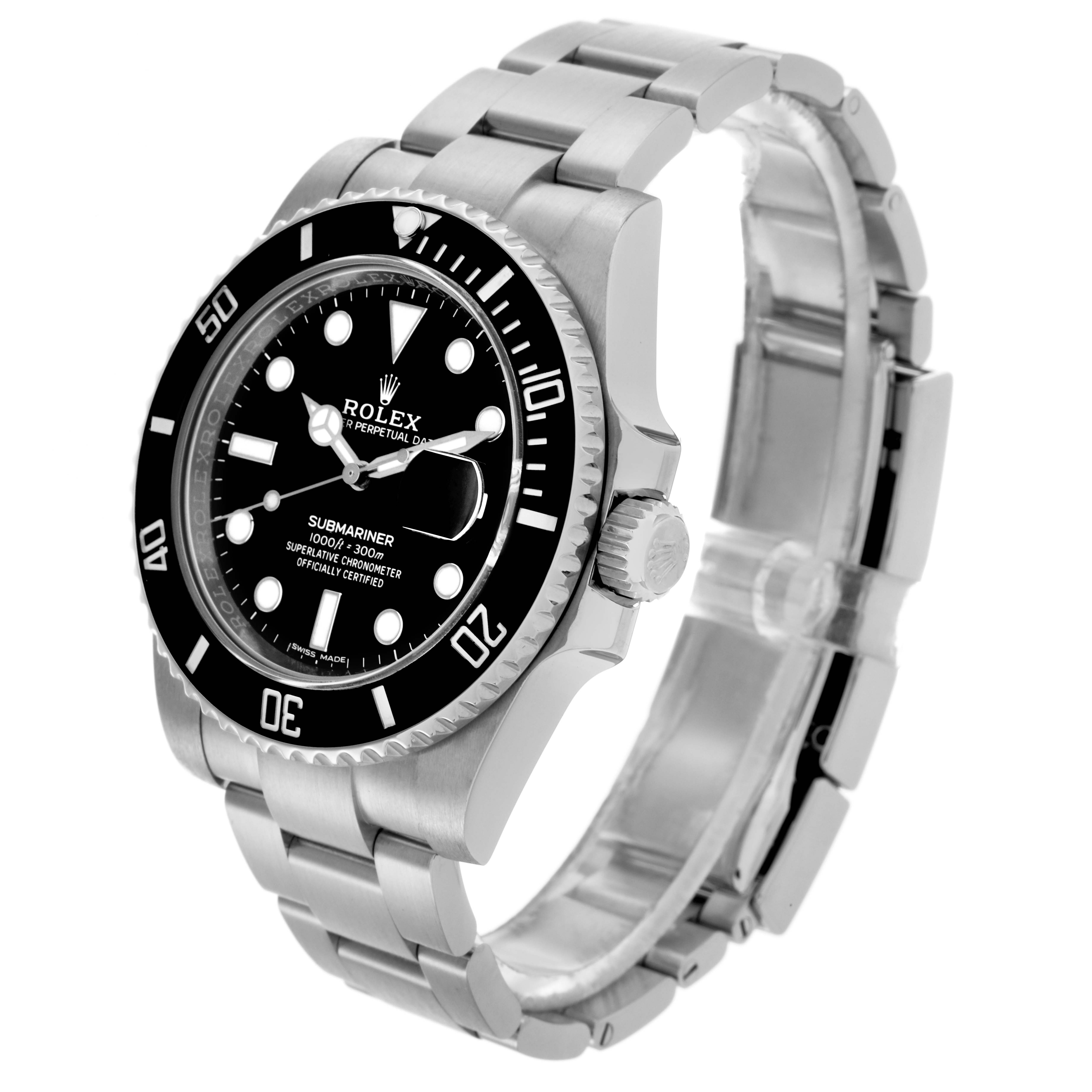 The Rolex Submariner 116610LN Men's Stainless Steel Black Dial 116610LN Men's Stainless Steel Black Dial watch is shown at an angle highlighting the face, bezel, crown, and bracelet.