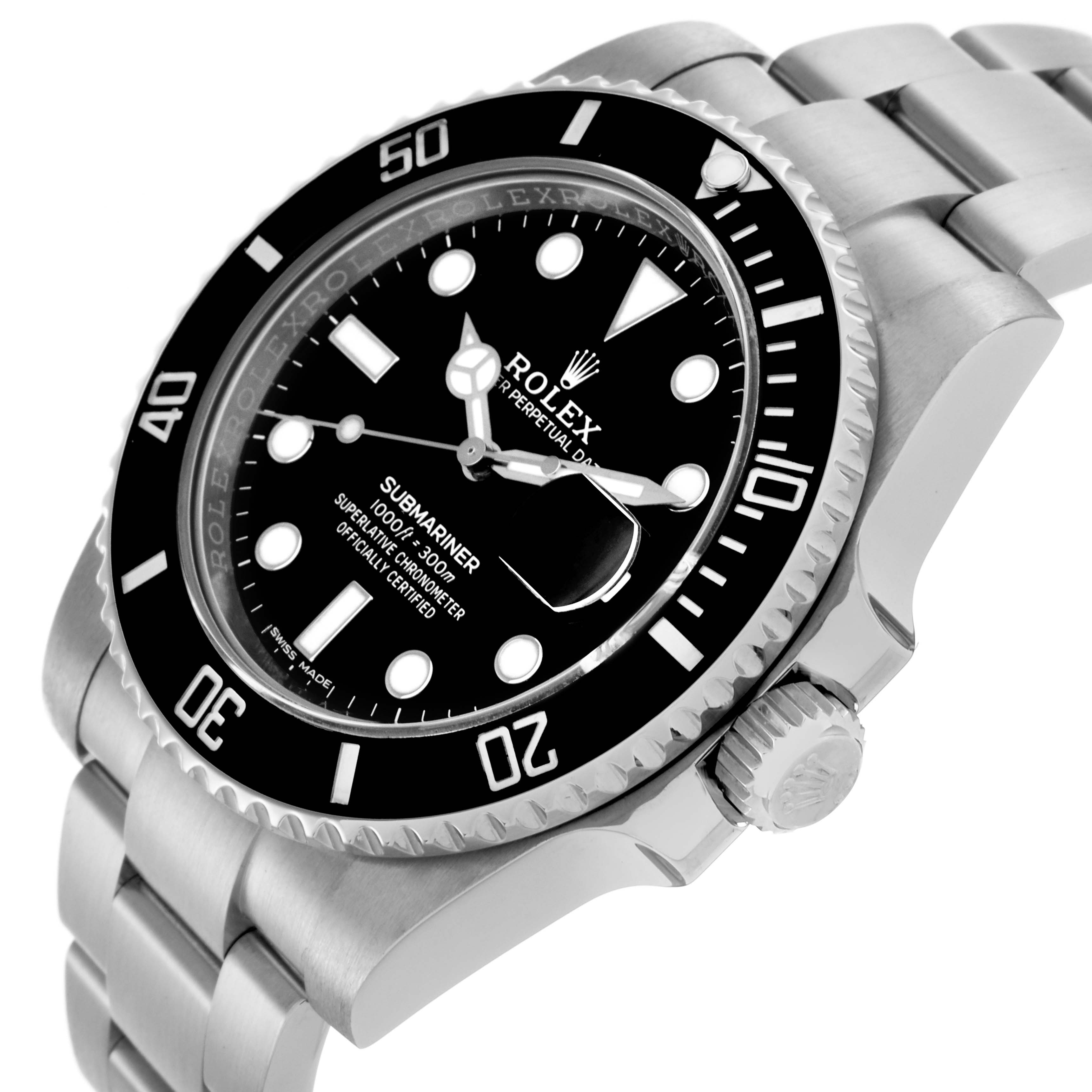 The Rolex Submariner 116610LN Men's Stainless Steel Black Dial 116610LN Men's Stainless Steel Black Dial watch is shown from an angled side view, highlighting the dial, bezel, case, crown, and part of the bracelet.