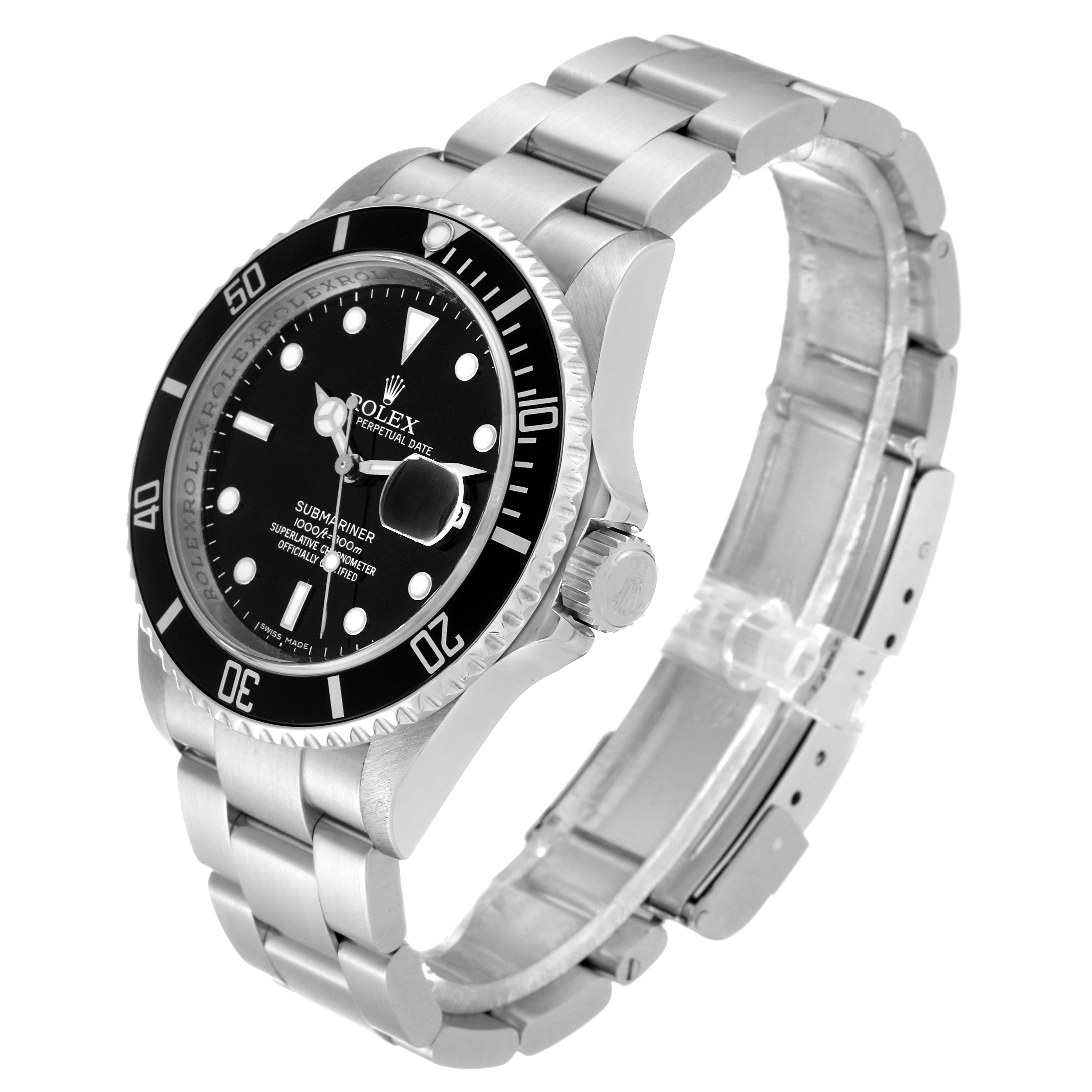 The image shows a side angle of the Rolex Submariner 16610 Men
s Stainless Steel Black Dial 16610 Men
s Stainless Steel Black Dial watch, highlighting the dial, bezel, crown, and bracelet.