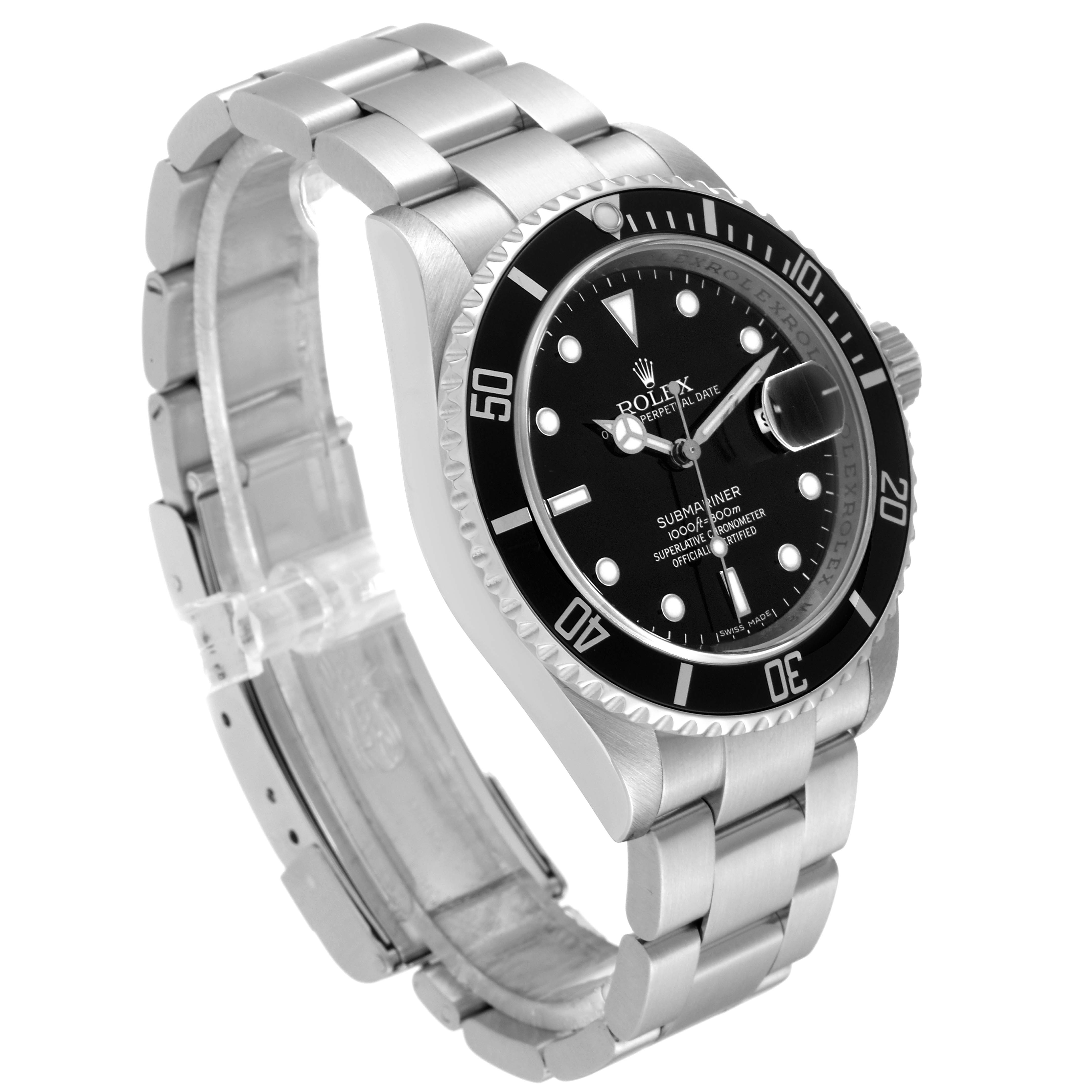 The image shows a Rolex Submariner 16610 Men
s Stainless Steel Black Dial 16610 Men
s Stainless Steel Black Dial watch from a three-quarter angle, highlighting its bezel, dial, and stainless steel bracelet.
