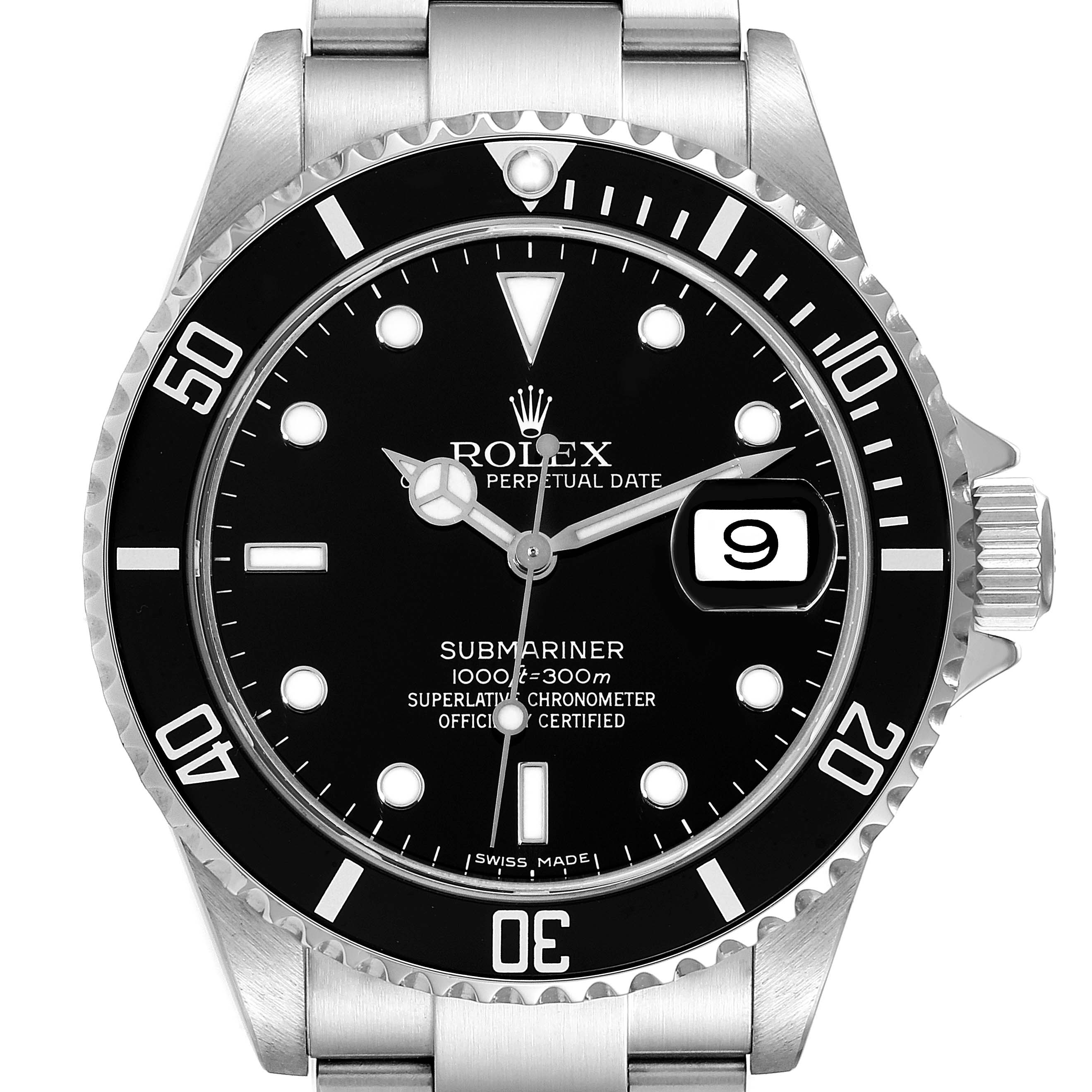 This image shows a front-faced view of the Rolex Submariner 16610 Men
s Stainless Steel Black Dial 16610 Men
s Stainless Steel Black Dial watch, highlighting the dial, bezel, and bracelet.
