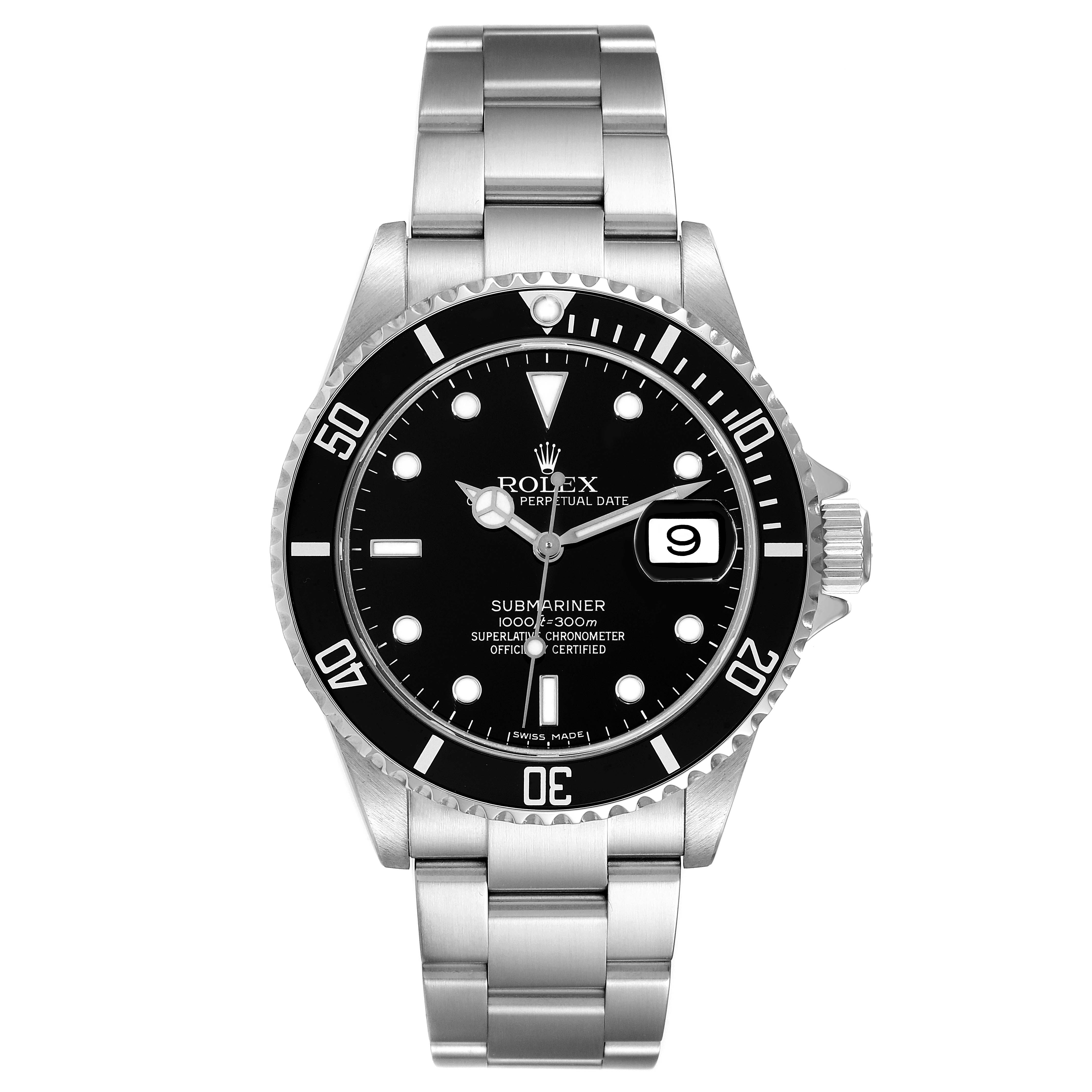 This image shows a front view of a Rolex Submariner 16610 Men
s Stainless Steel Black Dial 16610 Men
s Stainless Steel Black Dial watch, displaying its dial, bezel, and stainless steel bracelet.