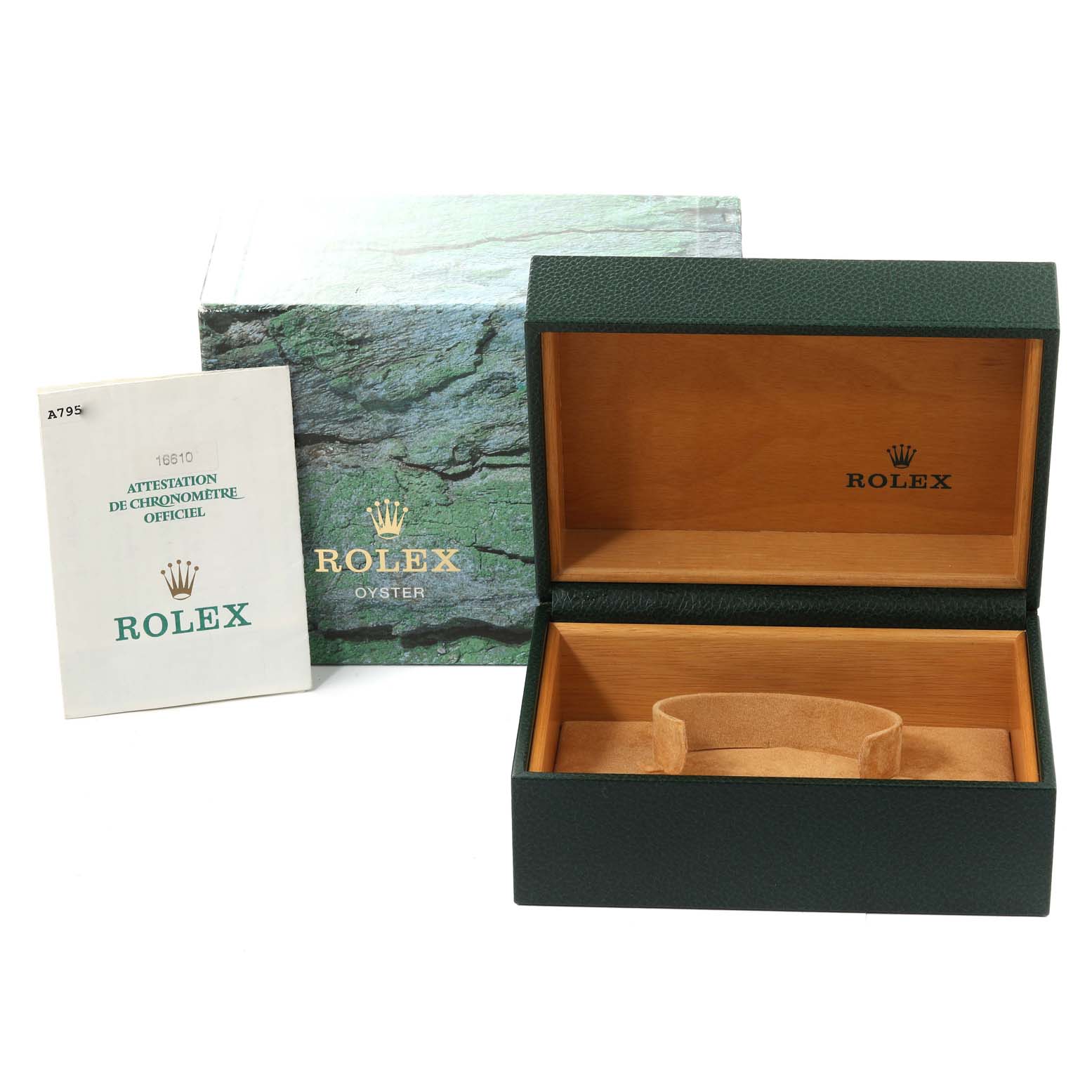 This image shows the open packaging box, warranty booklet, and outer box shell for a Rolex Submariner 16610 Men's Stainless Steel Black Dial 16610 Men's Stainless Steel Black Dial watch.