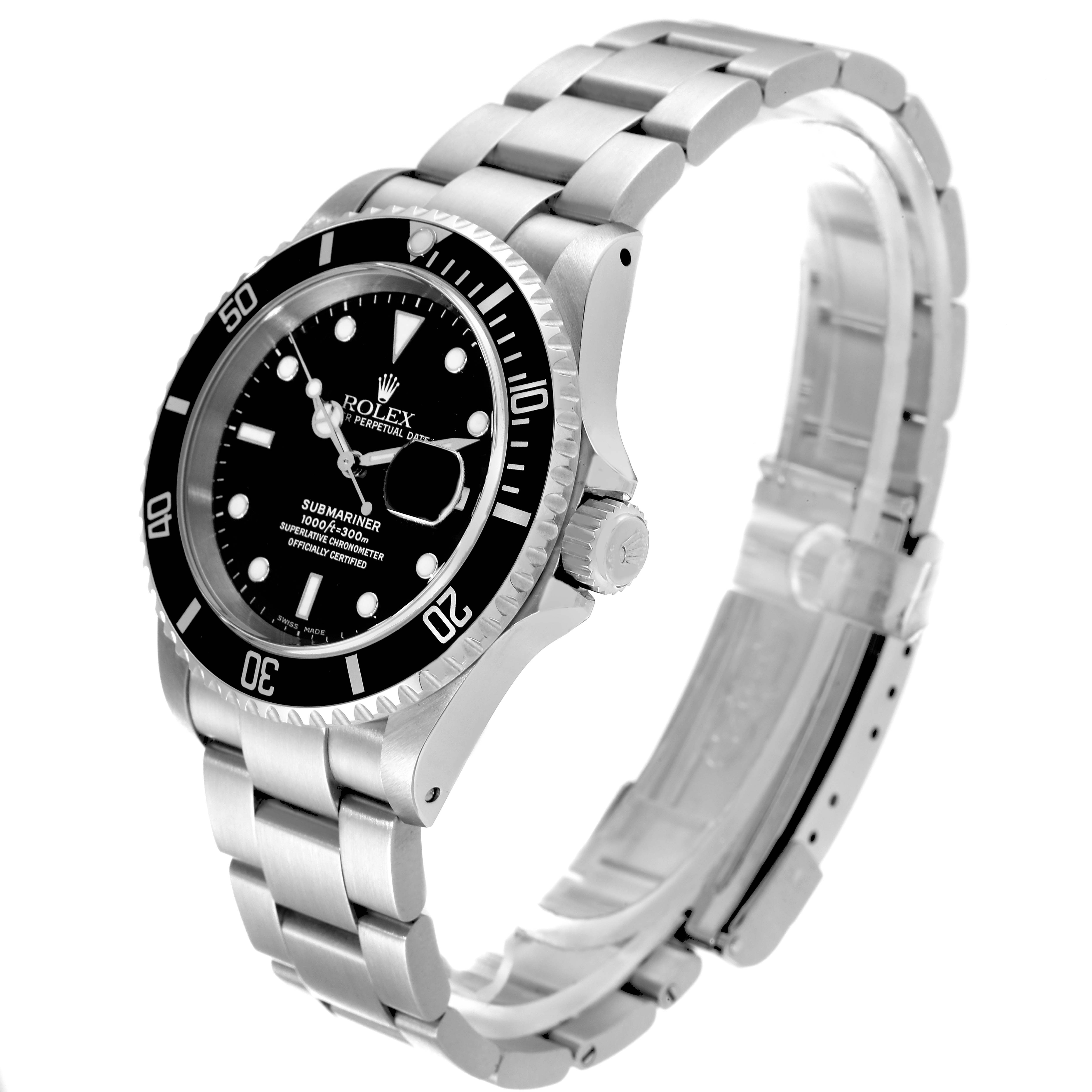 The image shows a side view of the Rolex Submariner 16610 Men's Stainless Steel Black Dial 16610 Men's Stainless Steel Black Dial watch, displaying its bracelet, dial, bezel, and crown.