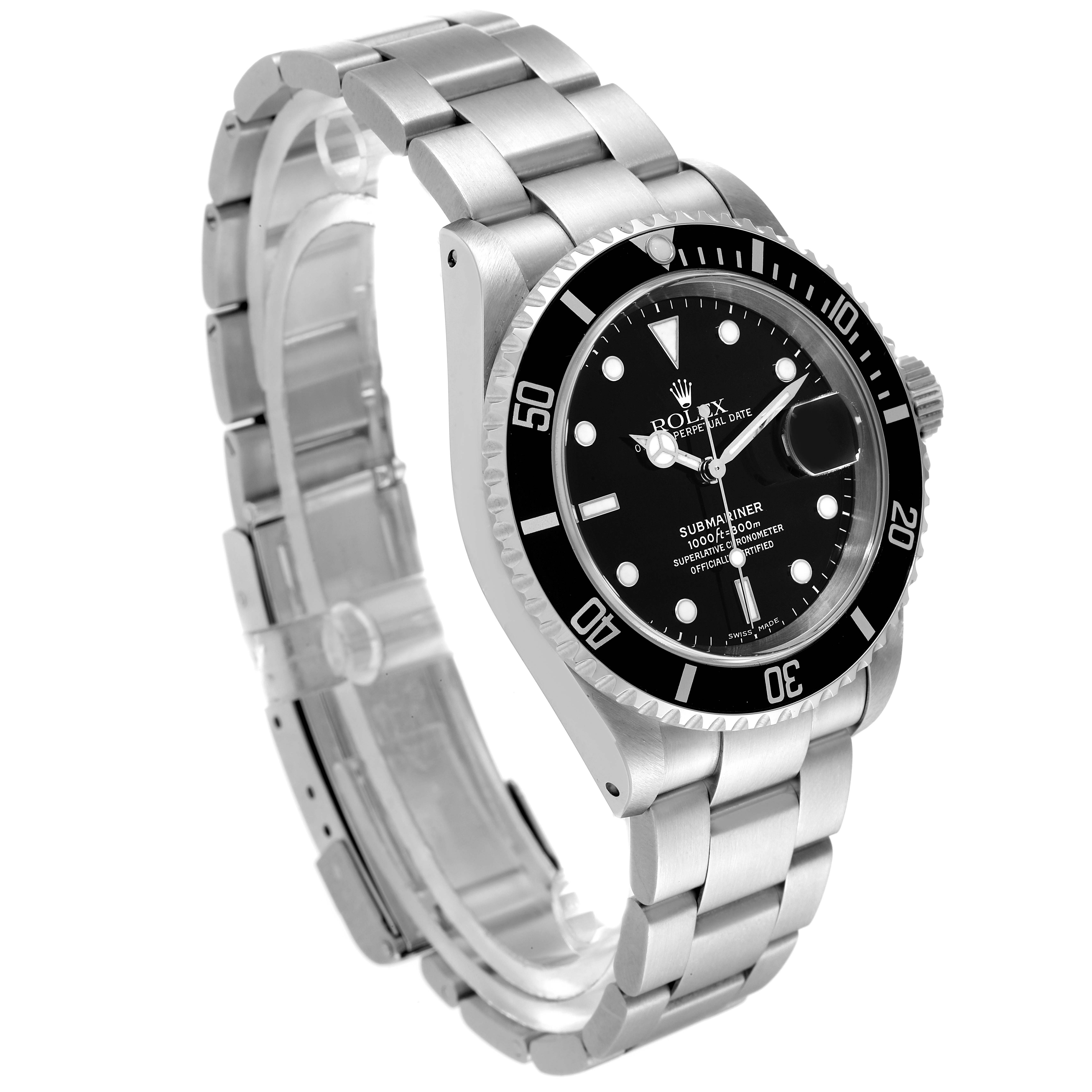 This image showcases the Rolex Submariner 16610 Men's Stainless Steel Black Dial 16610 Men's Stainless Steel Black Dial watch from a front-left angle, highlighting its stainless steel bracelet and black dial.