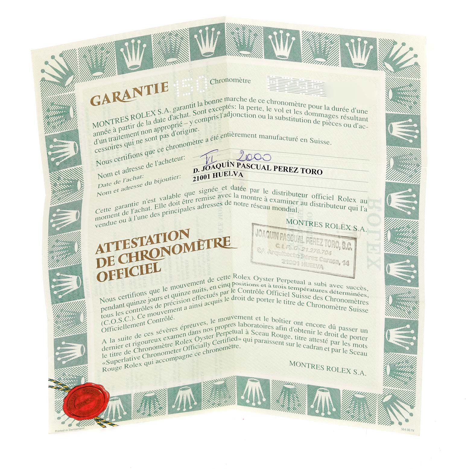 This is an image of the warranty and certification papers for a Rolex Submariner 16610 Men's Stainless Steel Black Dial 16610 Men's Stainless Steel Black Dial watch.