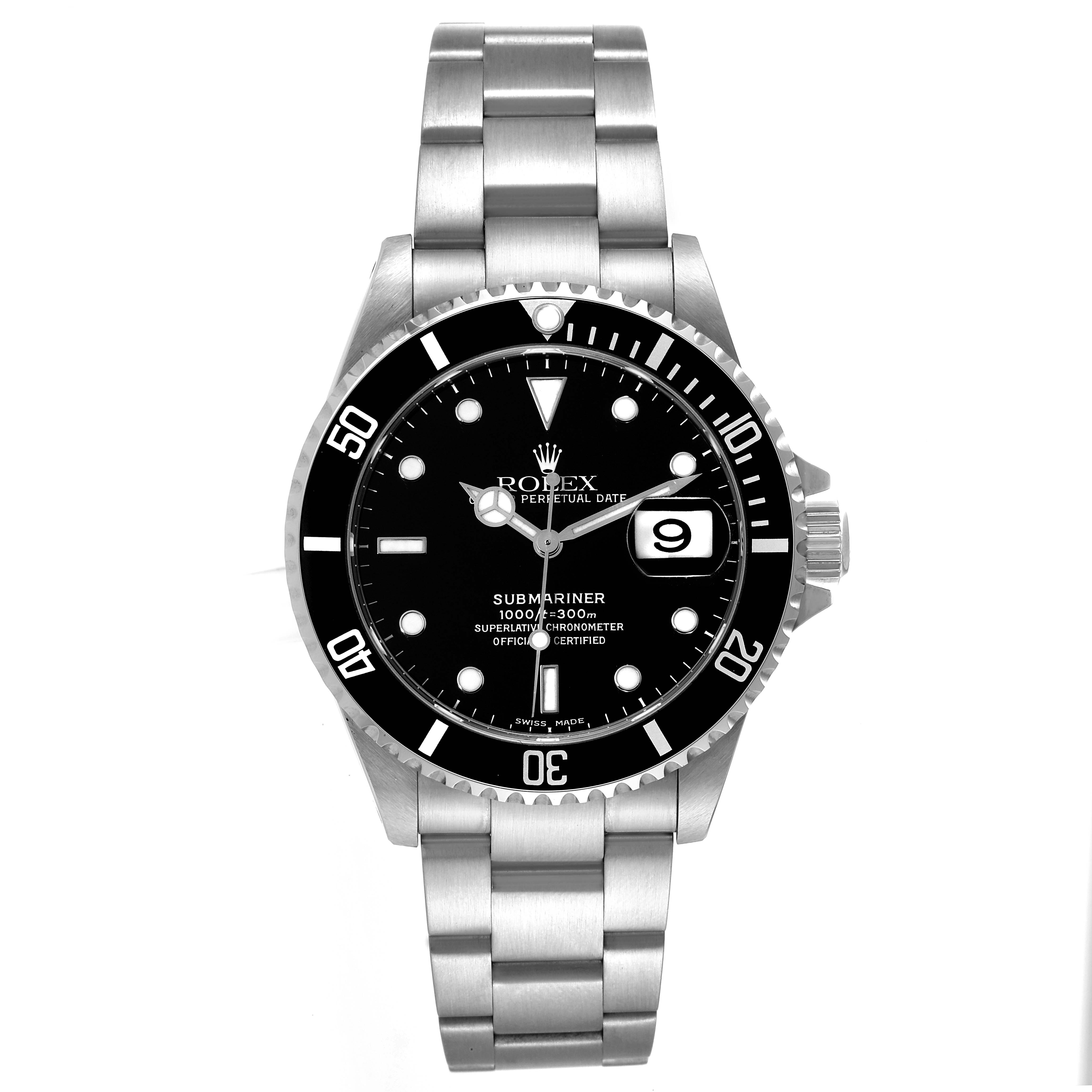The image shows a front view of a Rolex Submariner 16610 Men's Stainless Steel Black Dial 16610 Men's Stainless Steel Black Dial watch, featuring the dial, bezel, and metal bracelet.