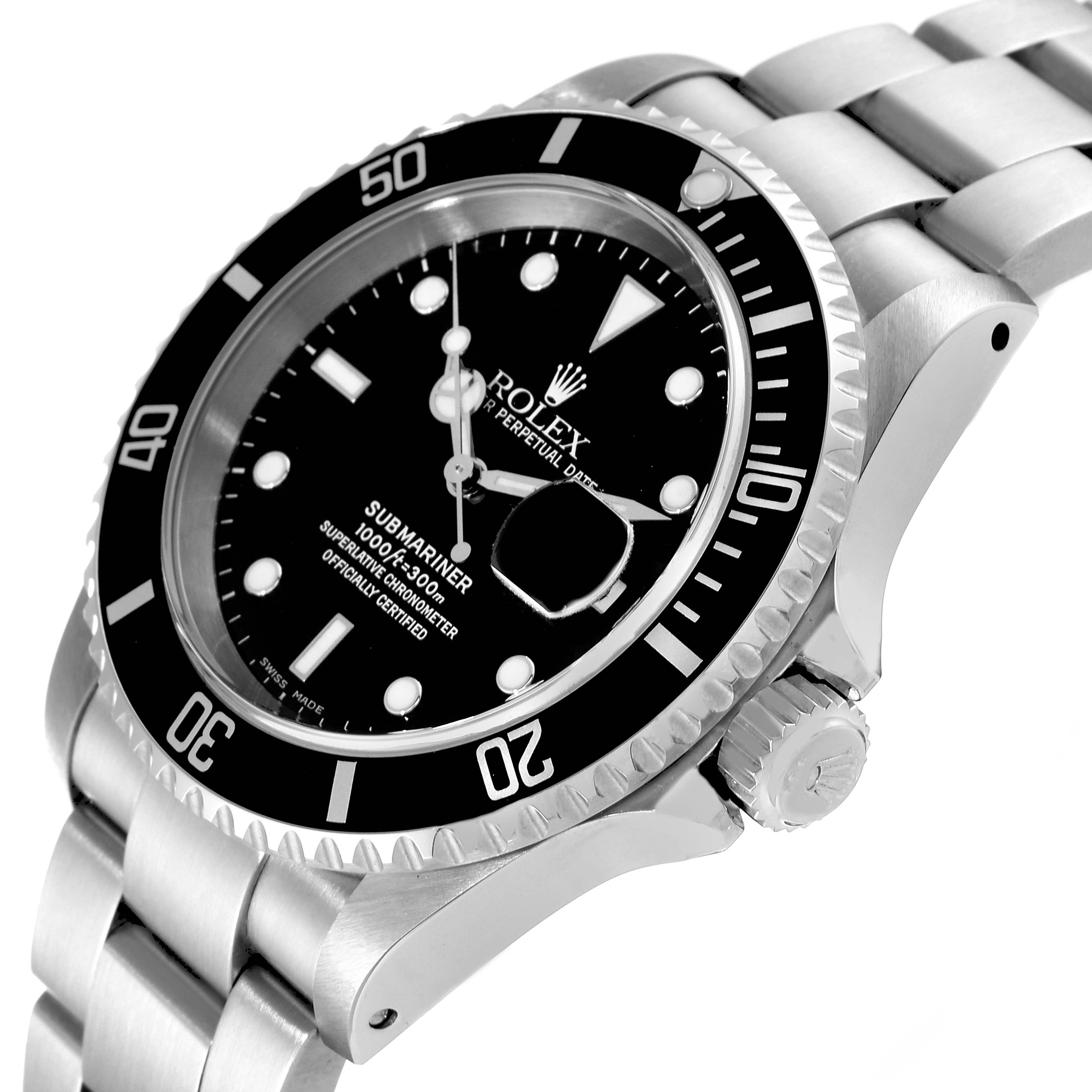 The image shows a side view of a Rolex Submariner 16610 Men's Stainless Steel Black Dial 16610 Men's Stainless Steel Black Dial, highlighting the bezel, crown, dial, and bracelet.