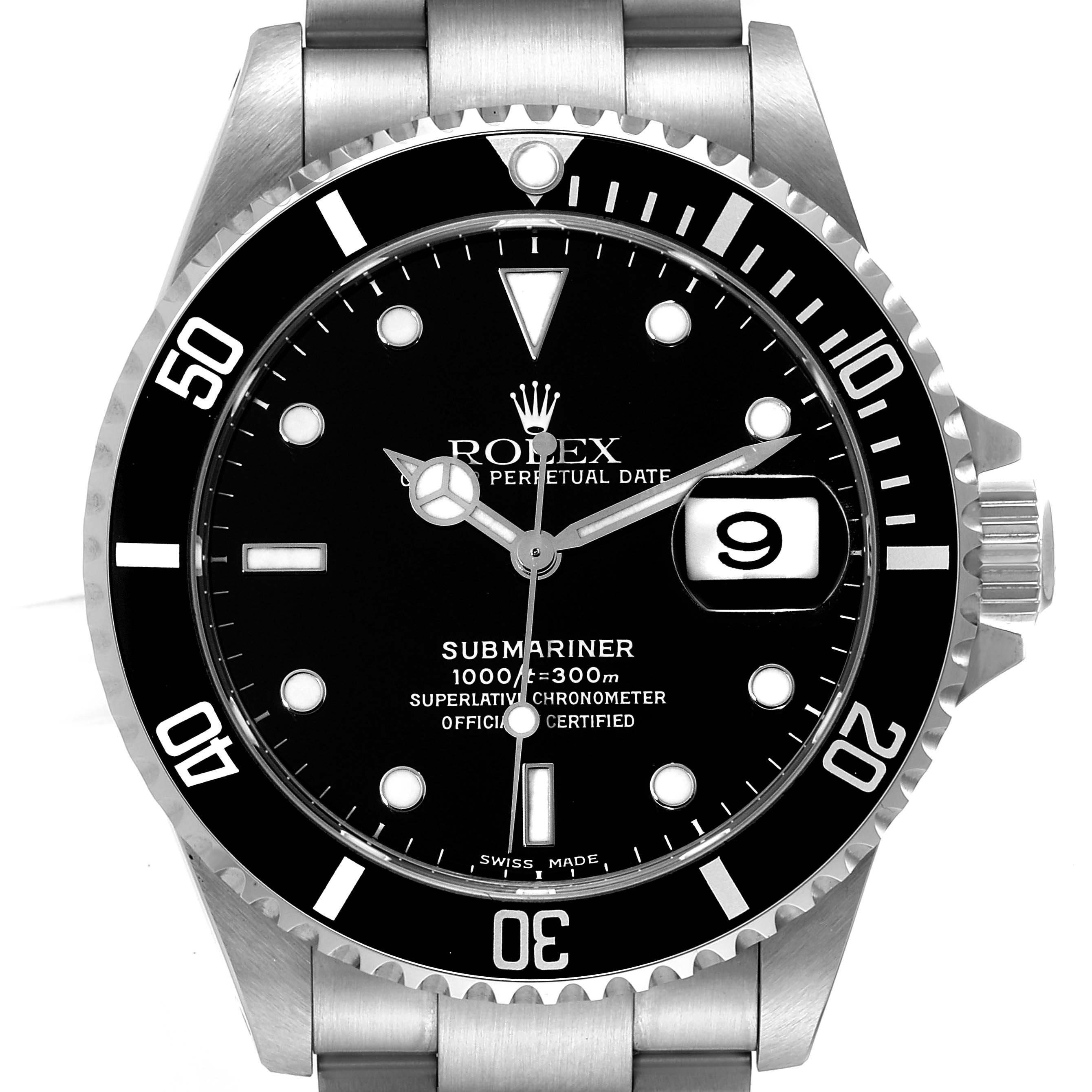 This image shows a front view of the Rolex Submariner 16610 Men's Stainless Steel Black Dial 16610 Men's Stainless Steel Black Dial watch, highlighting its black dial, date window, and stainless steel bezel.