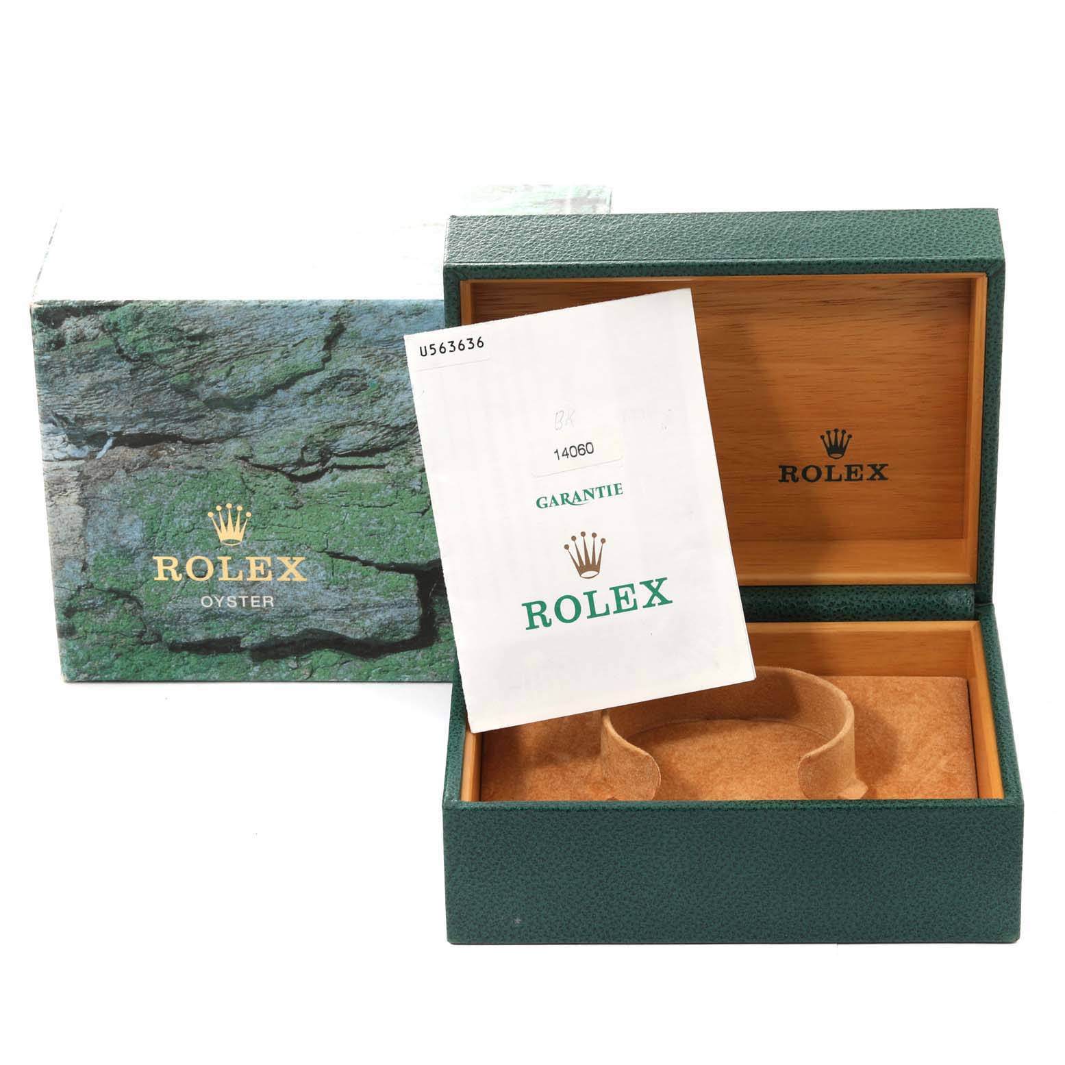 The photo shows the packaging box, inner box, and warranty card for a Rolex Submariner 14060 Men
s Stainless Steel Black Dial 14060 Men
s Stainless Steel Black Dial watch.