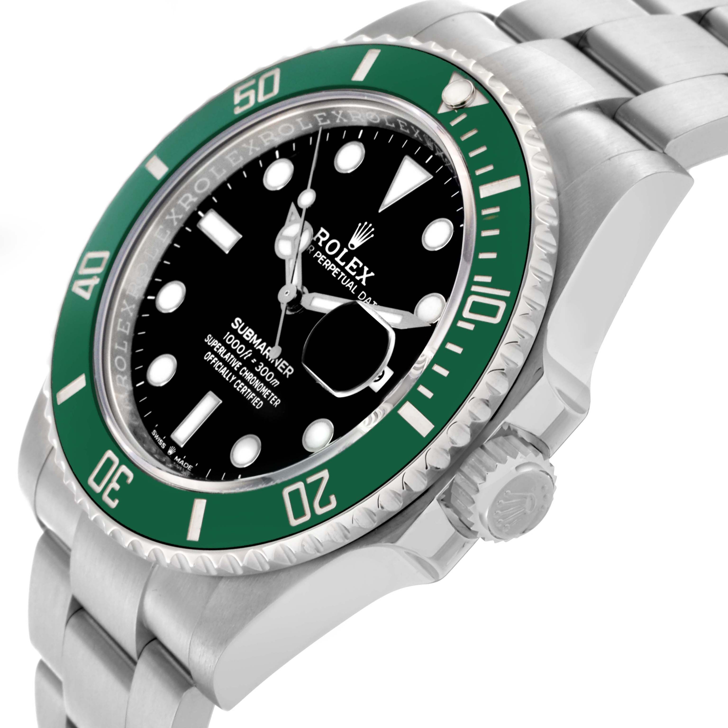 The Rolex Submariner 126610LV Men's Stainless Steel Black Dial 126610LV Men's Stainless Steel Black Dial watch is shown at an angled close-up, highlighting its green bezel, black dial, and metal bracelet.